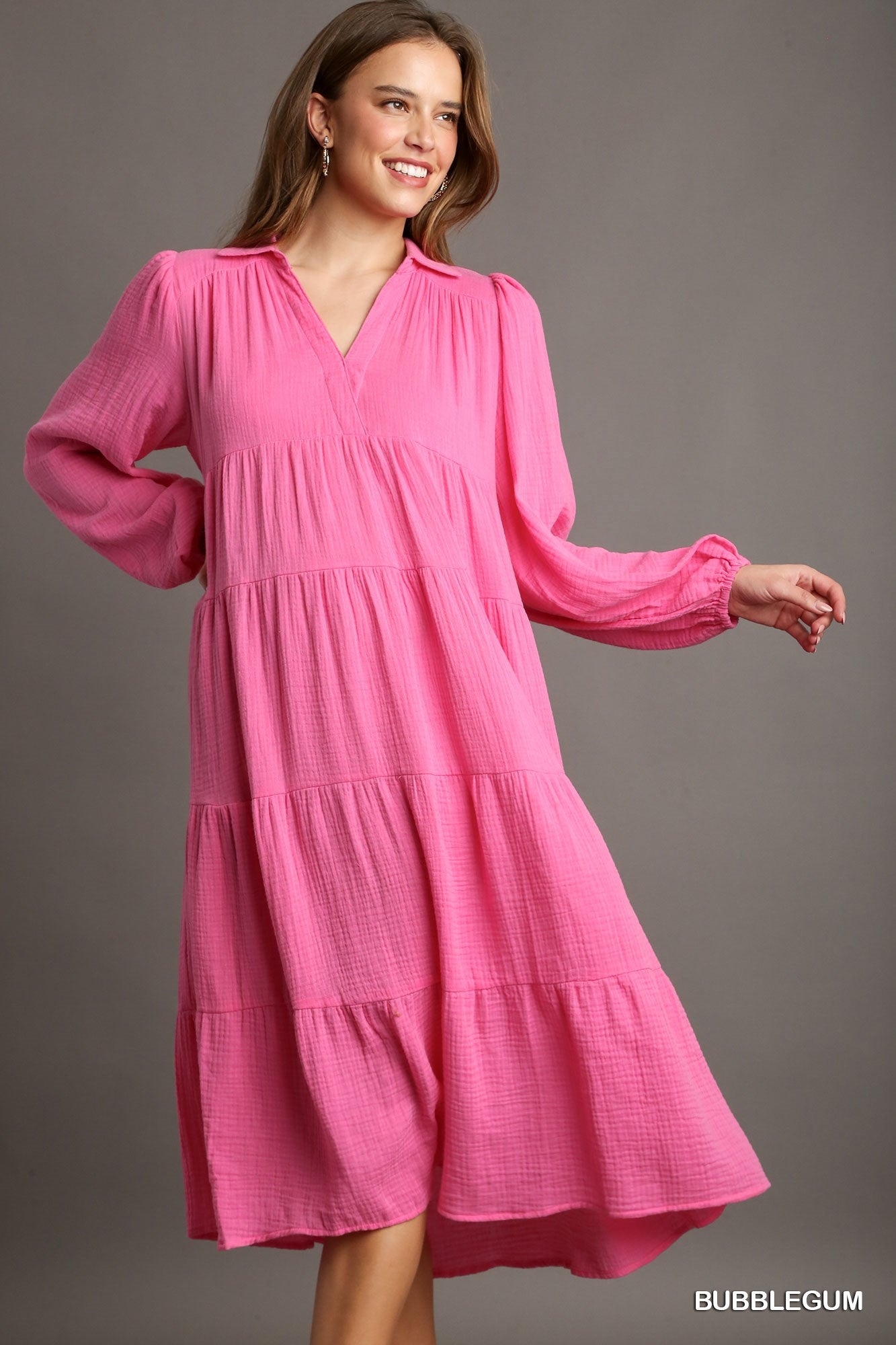 Umgee Gauze Long Sleeve Collar Split Neck Tiered Maxi Dress