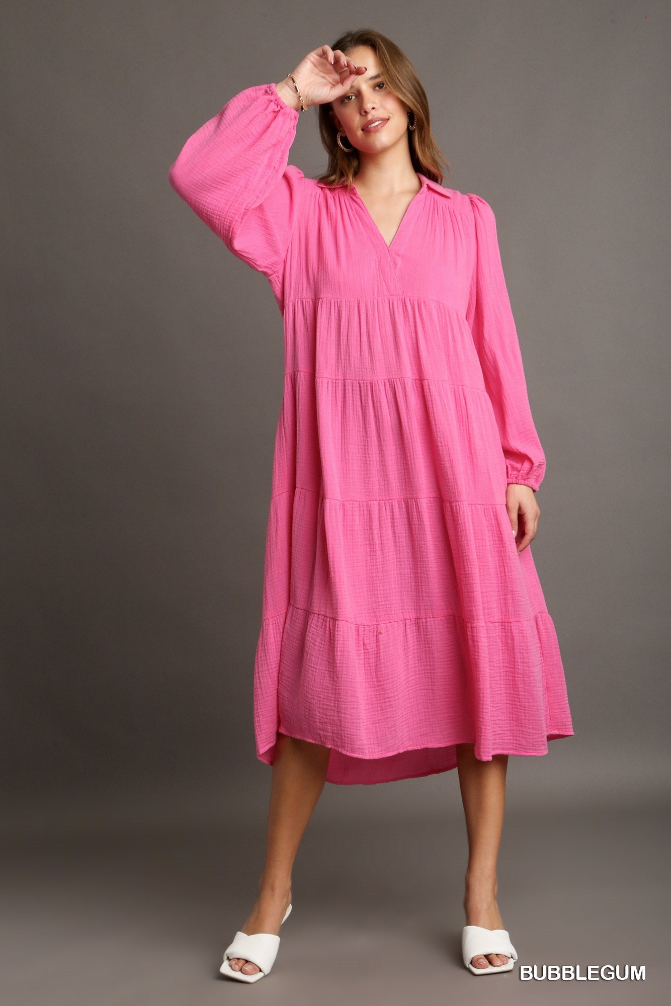 Umgee Gauze Long Sleeve Collar Split Neck Tiered Maxi Dress