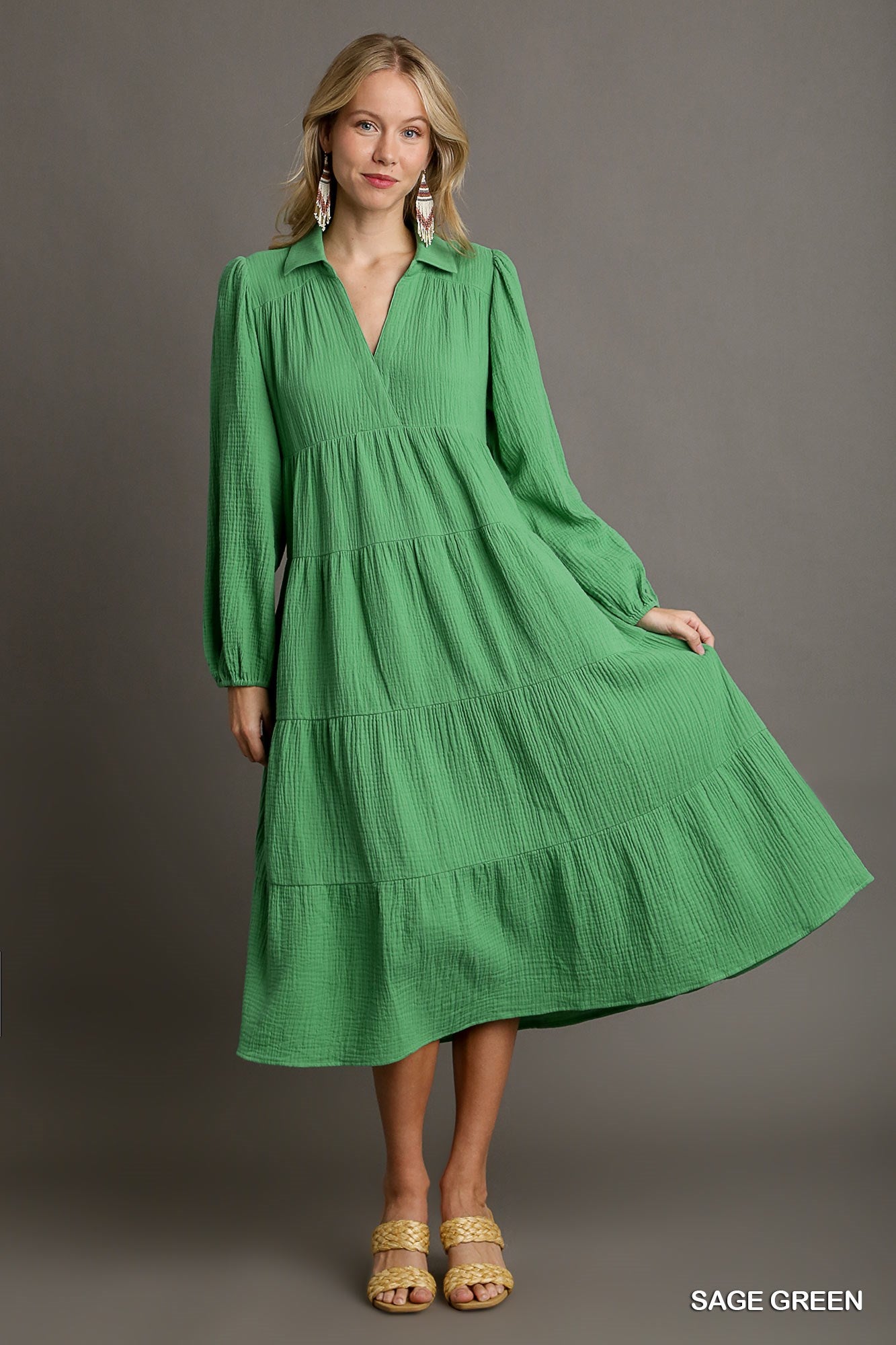 Umgee Gauze Long Sleeve Collar Split Neck Tiered Maxi Dress - Roulhac Fashion Boutique