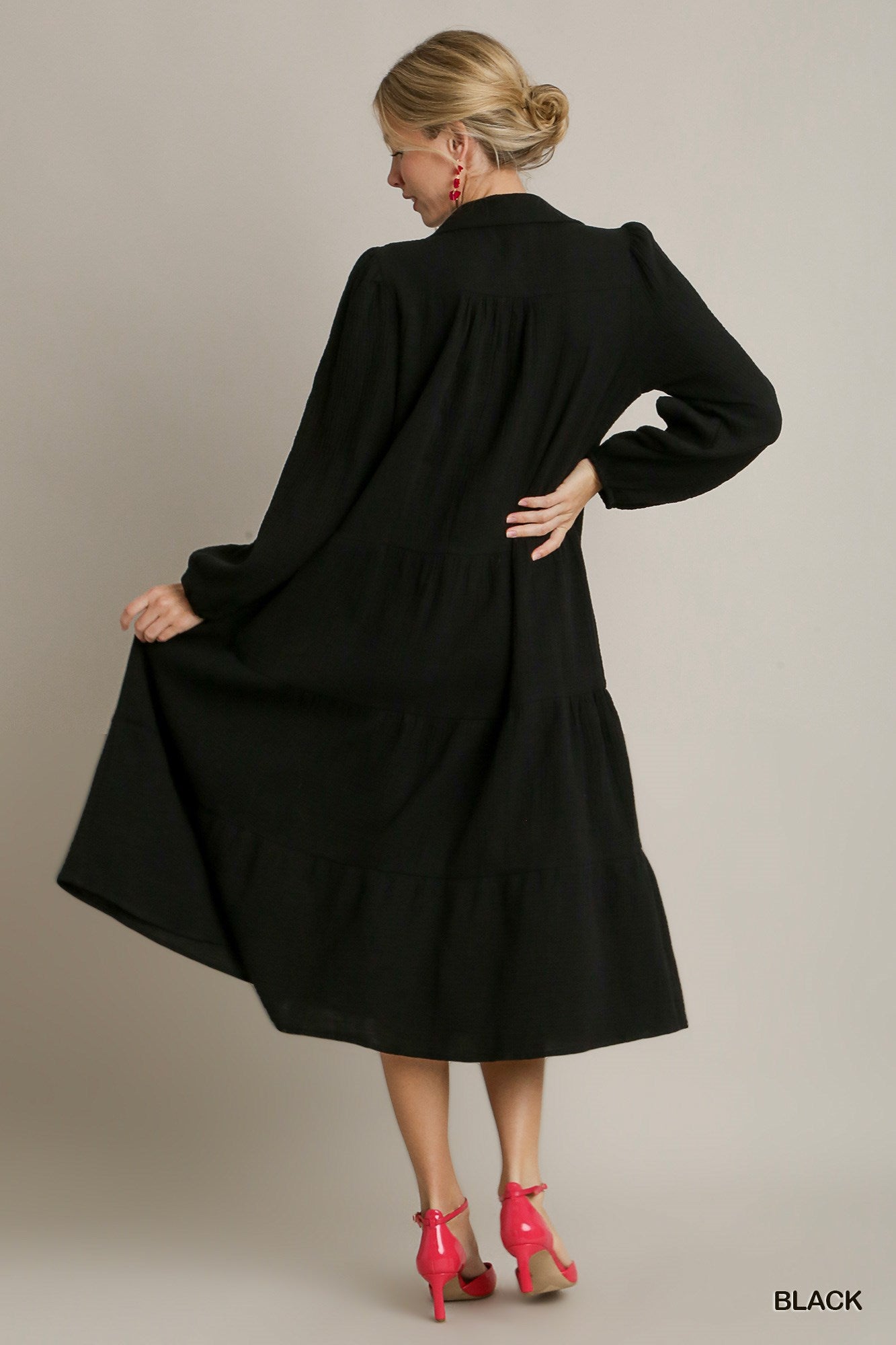 Umgee Gauze Long Sleeve Collar Split Neck Tiered Maxi Dress - Roulhac Fashion Boutique