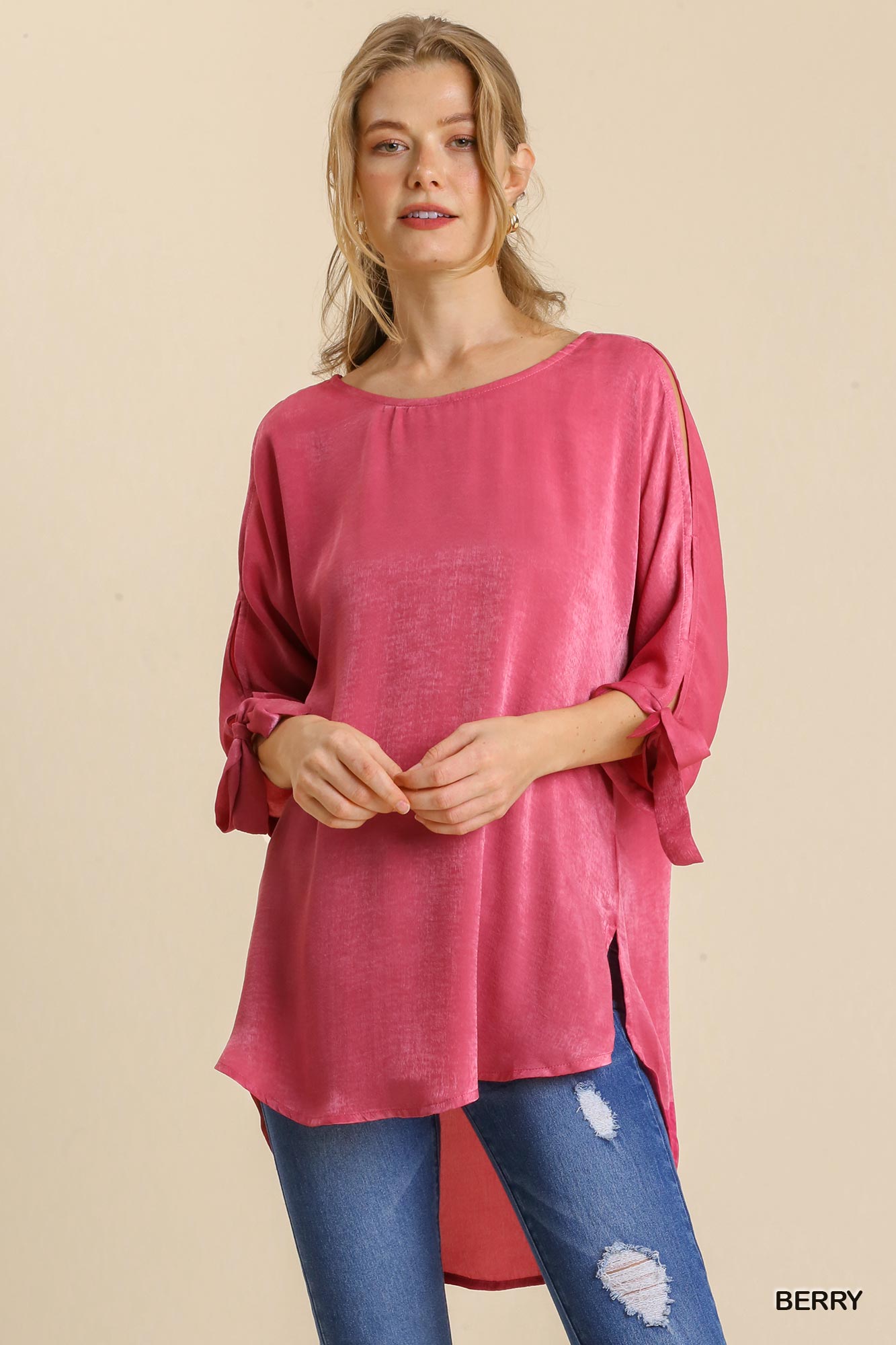 Umgee Ivory Cold Shoulder Hiigh Low Hem Round Neck Sleeve Ties Tunic Dress - Roulhac Fashion Boutique