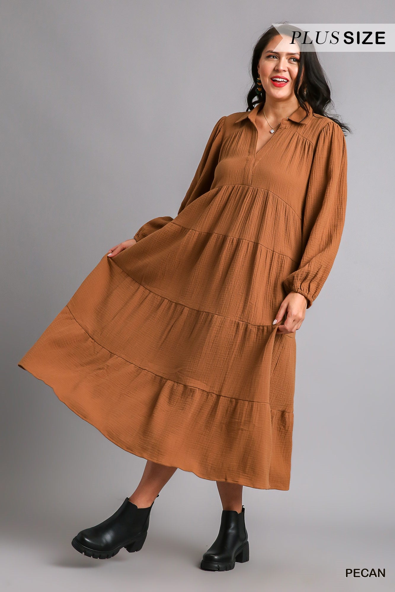 Umgee Plus Gauze Long Sleeve Collar Split Neck Tiered Maxi Dress