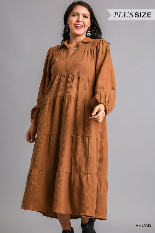 Umgee Plus Gauze Long Sleeve Collar Split Neck Tiered Maxi Dress