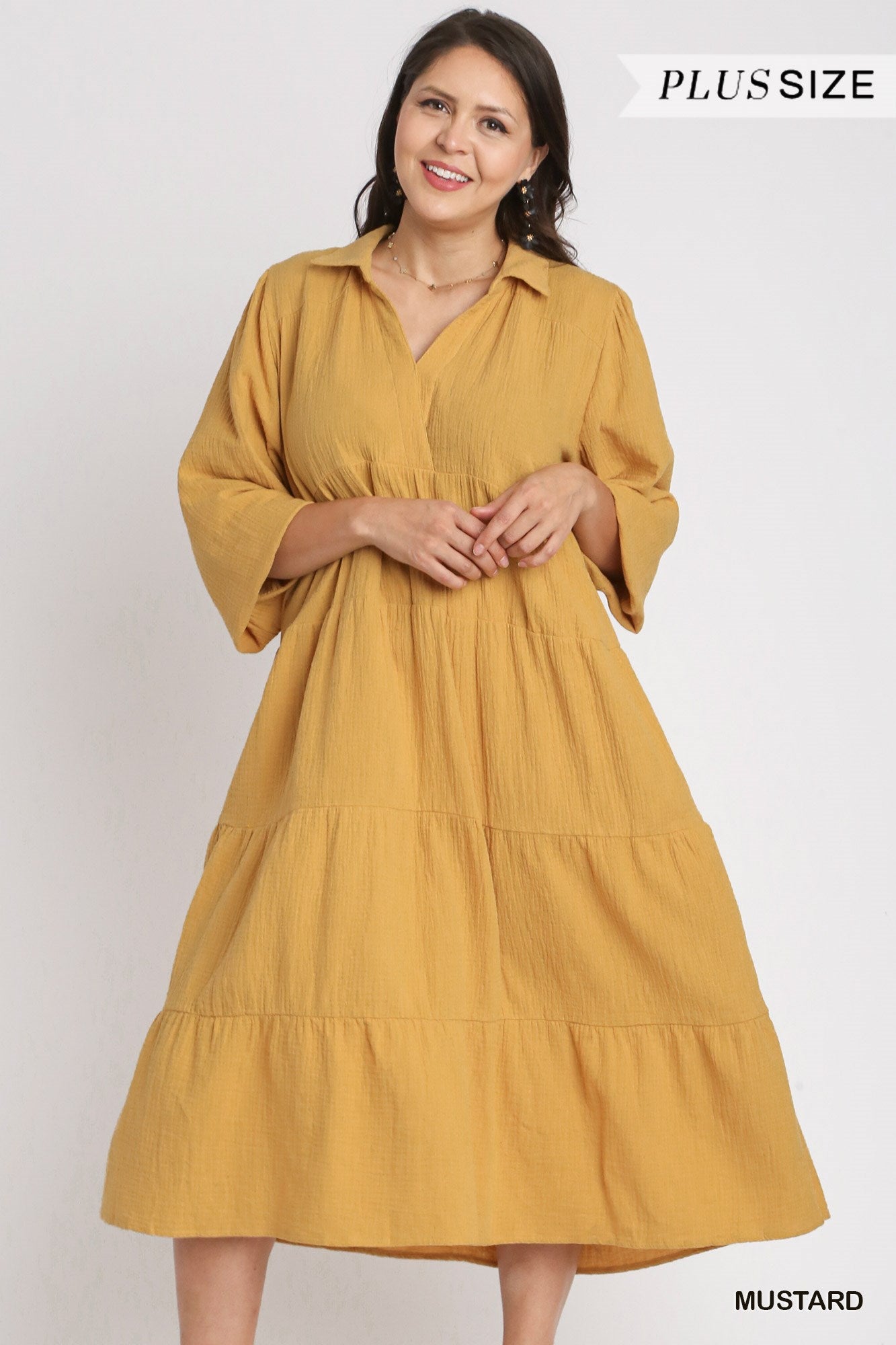Umgee Plus Gauze Long Sleeve Collar Split Neck Tiered Maxi Dress