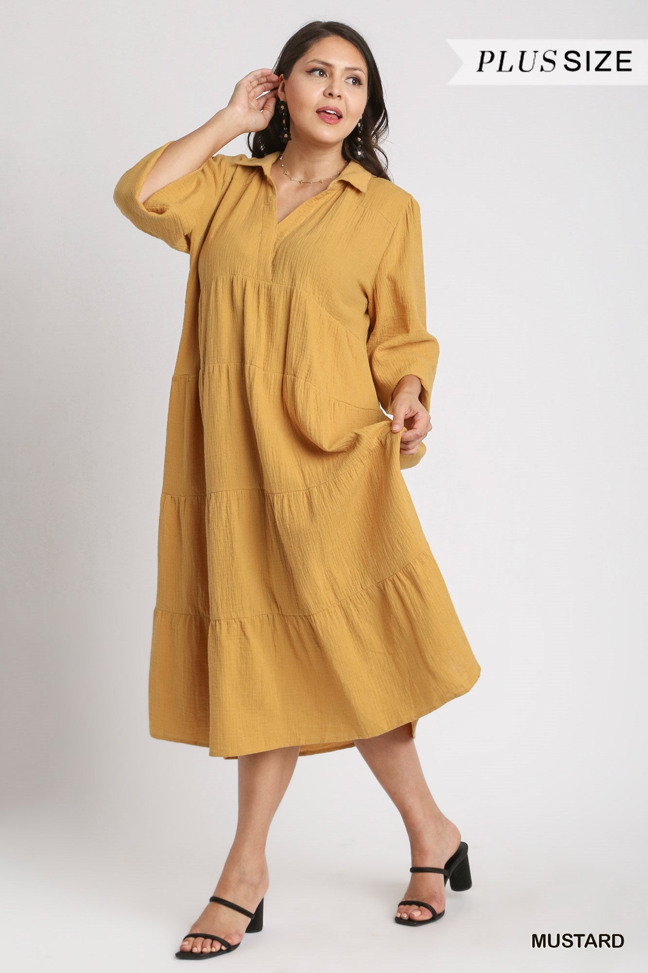 Umgee Plus Gauze Long Sleeve Collar Split Neck Tiered Maxi Dress