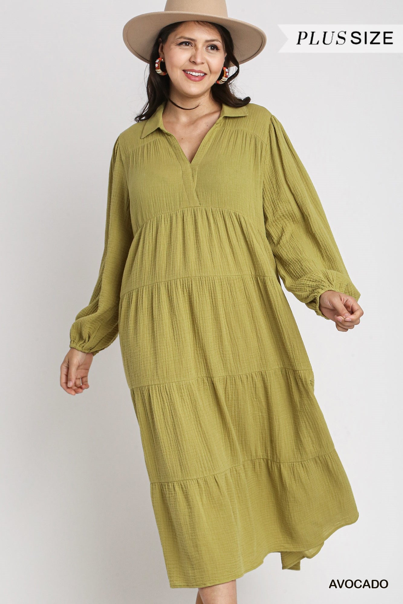 Umgee Plus Gauze Long Sleeve Collar Split Neck Tiered Maxi Dress