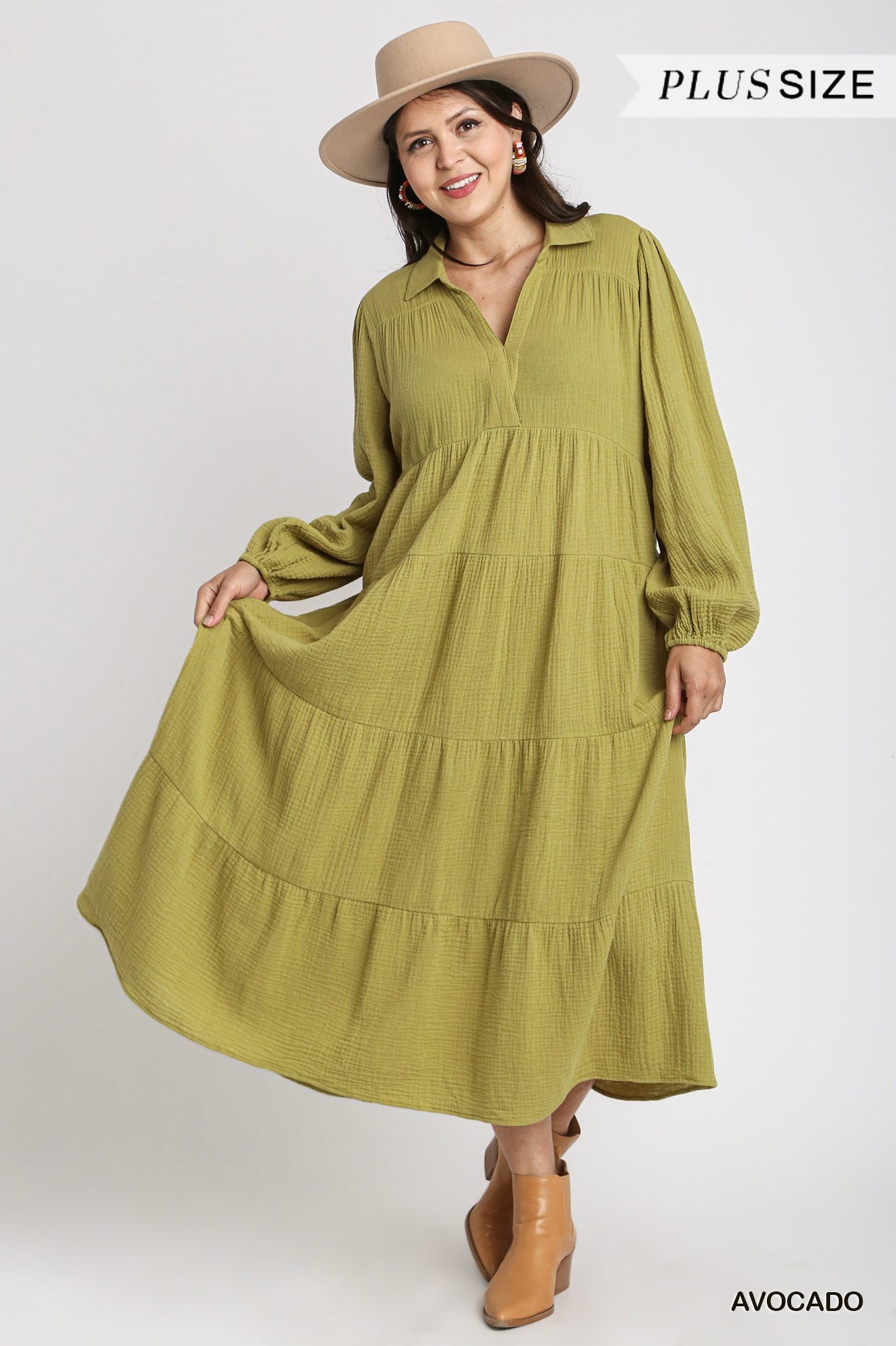 Umgee Plus Gauze Long Sleeve Collar Split Neck Tiered Maxi Dress