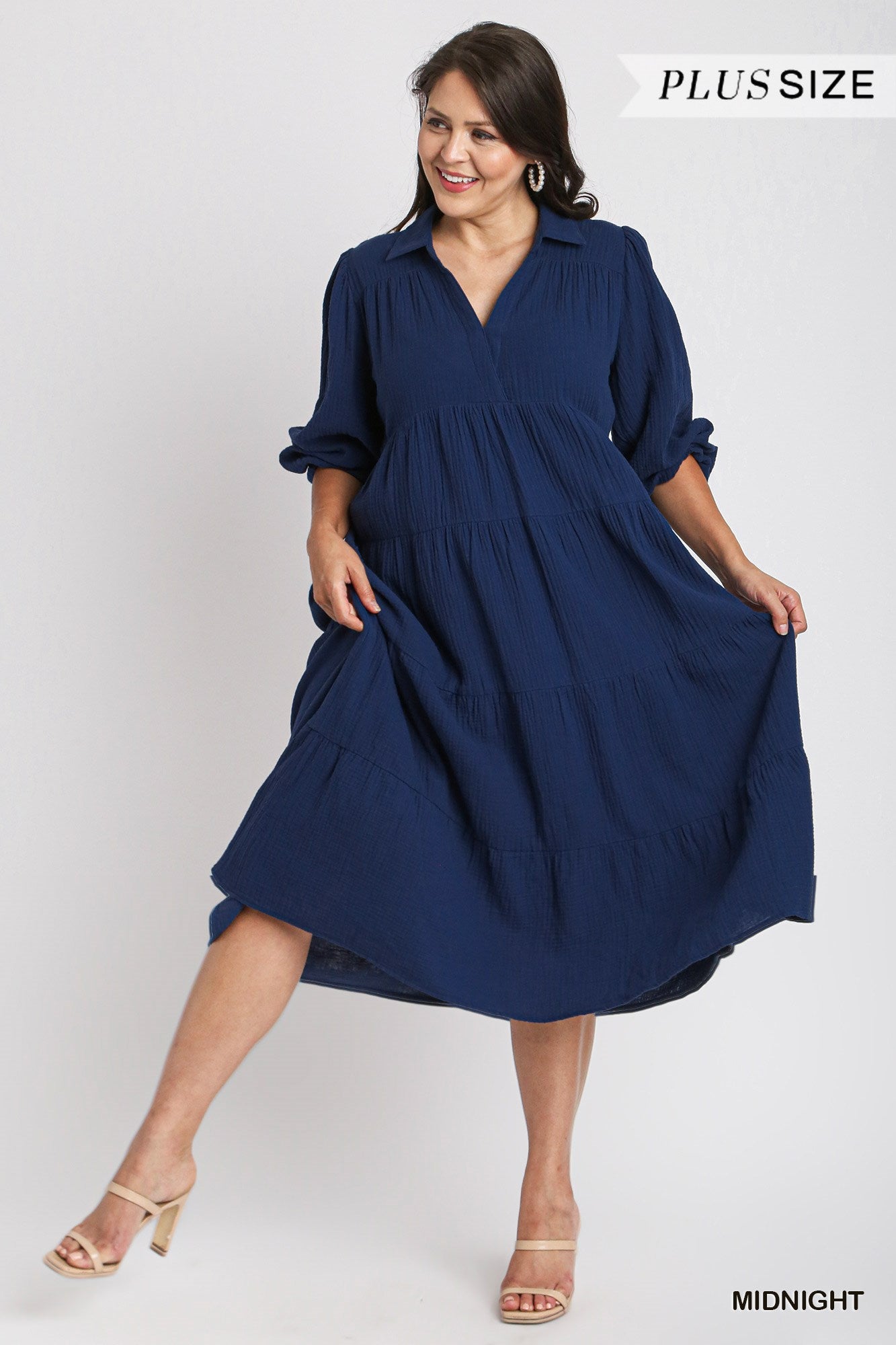 Umgee Plus Gauze Long Sleeve Collar Split Neck Tiered Maxi Dress