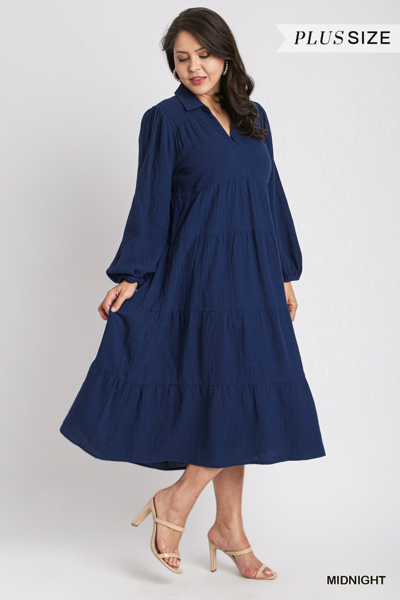 Umgee Plus Gauze Long Sleeve Collar Split Neck Tiered Maxi Dress