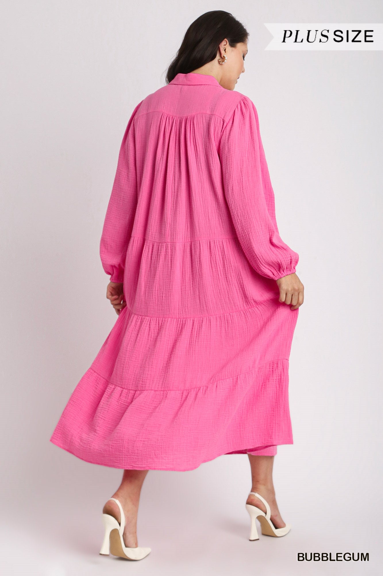 Umgee Plus Gauze Long Sleeve Collar Split Neck Tiered Maxi Dress
