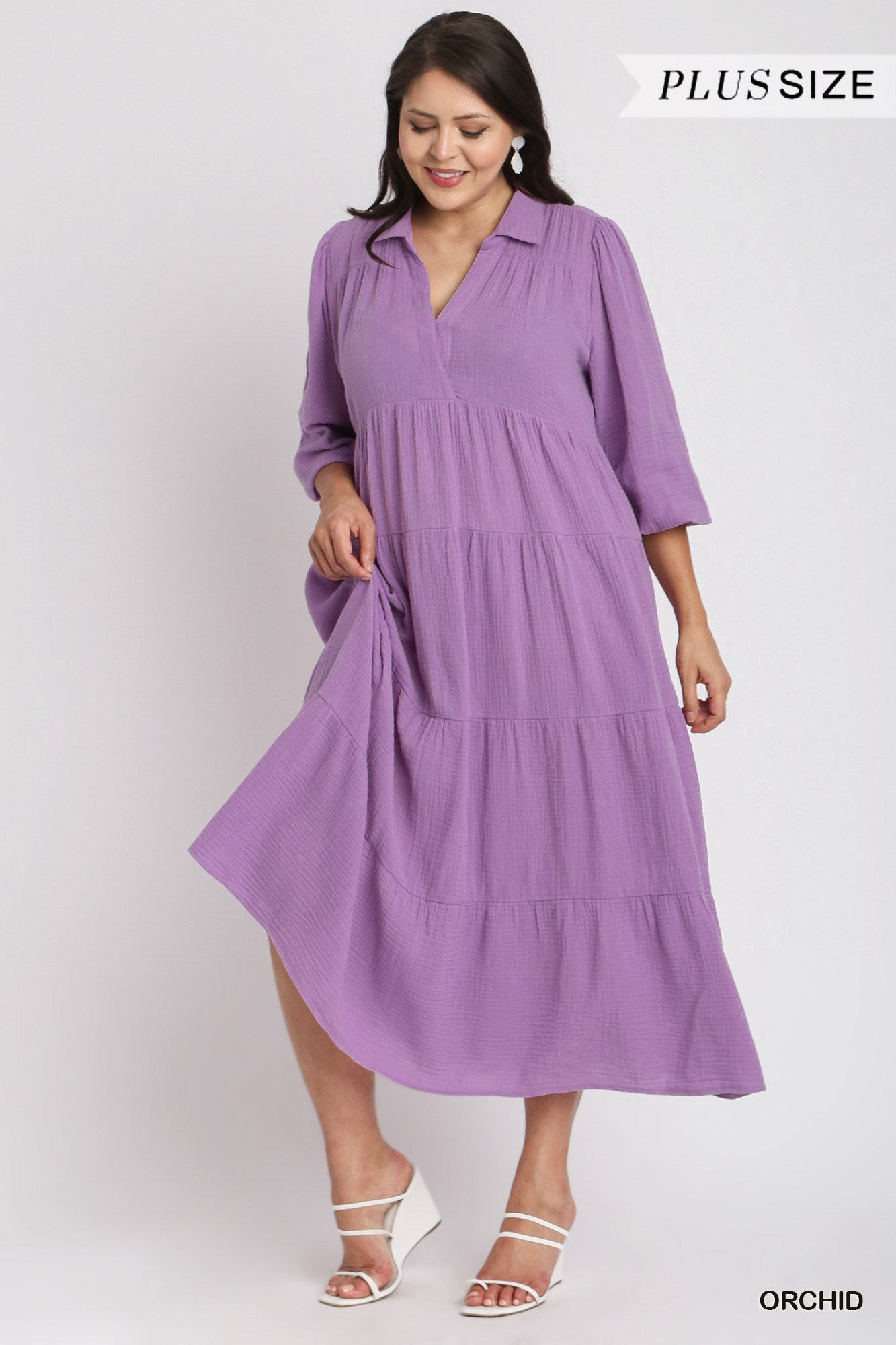 Umgee Plus Gauze Long Sleeve Collar Split Neck Tiered Maxi Dress