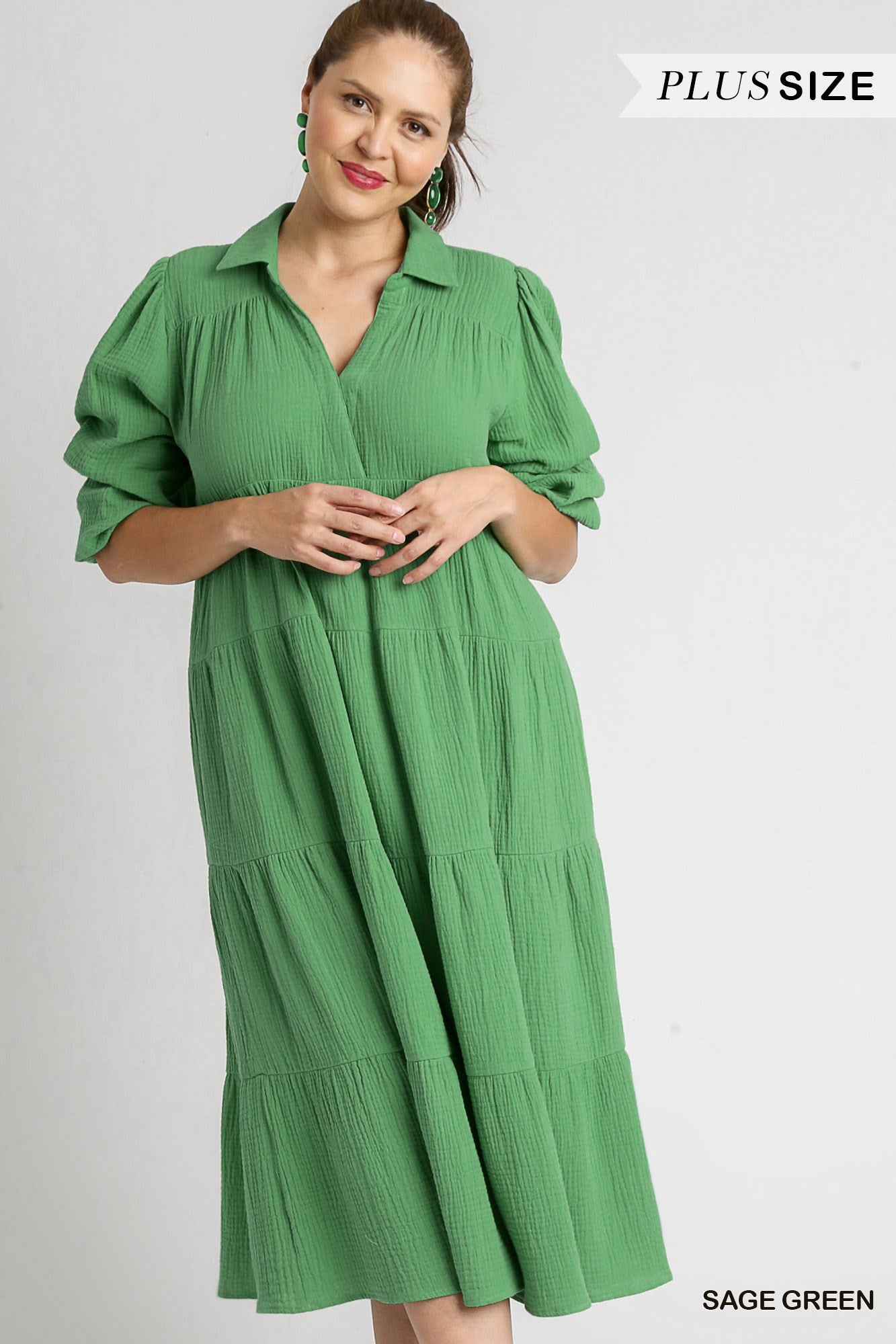 Umgee Plus Gauze Long Sleeve Collar Split Neck Tiered Maxi Dress