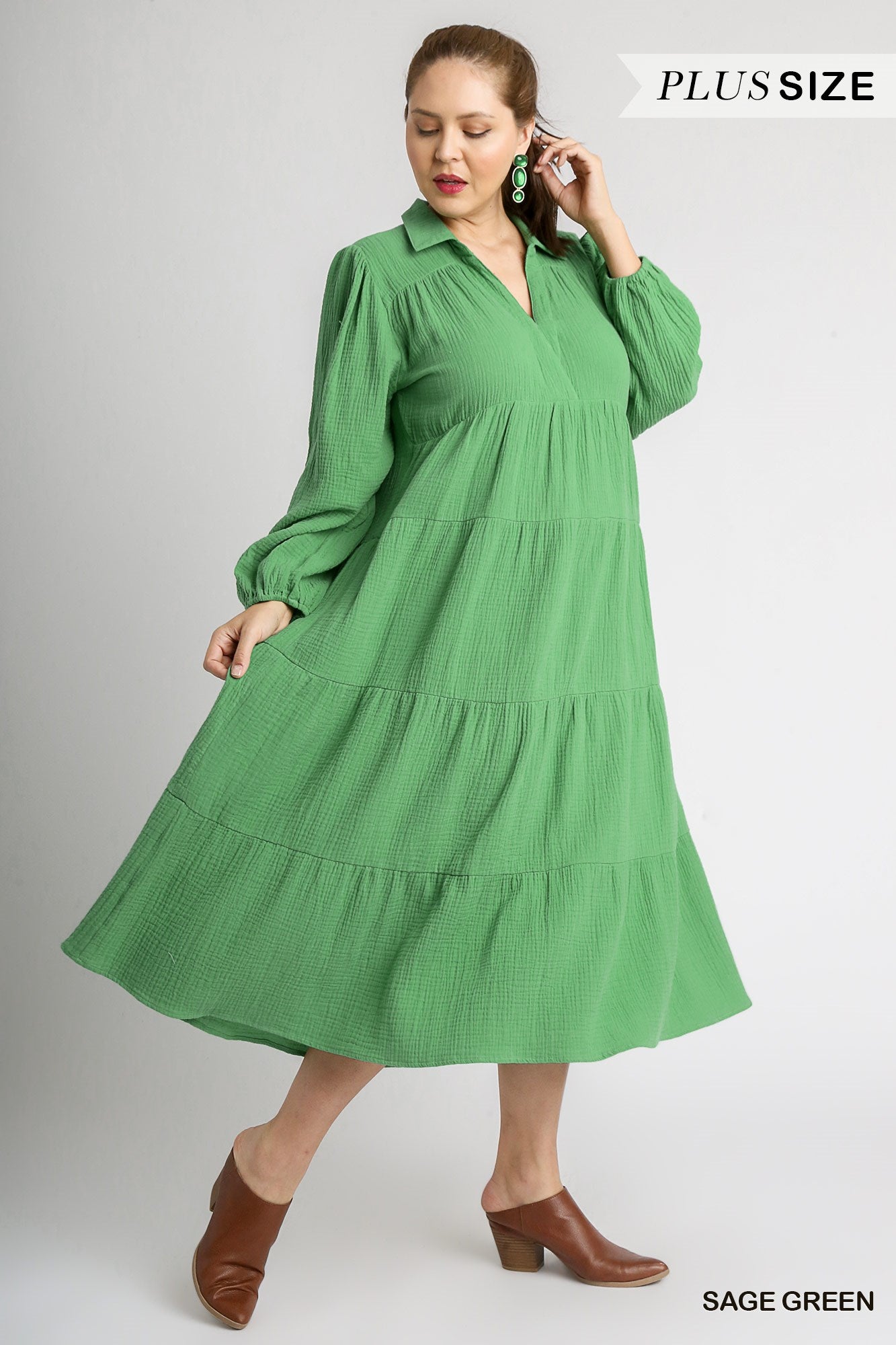 Umgee Plus Gauze Long Sleeve Collar Split Neck Tiered Maxi Dress