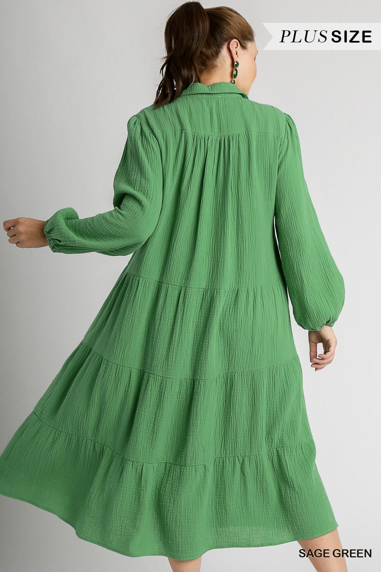 Umgee Plus Gauze Long Sleeve Collar Split Neck Tiered Maxi Dress