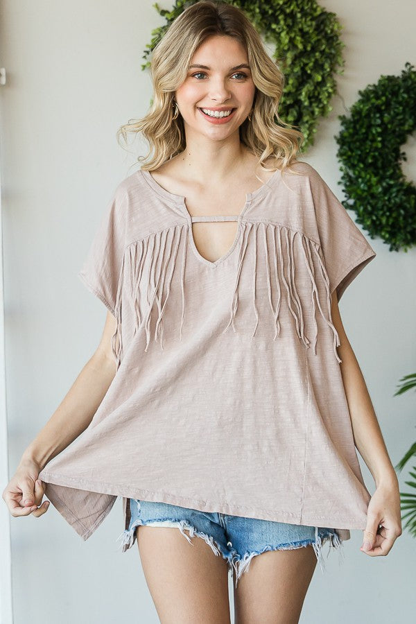 Oli & Hali Mineral Washed Self Fringe Cut Out Neck Top