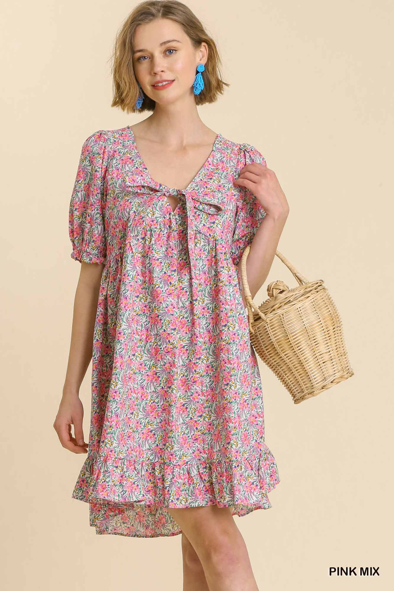 Umgee Mix Floral Print Short Puff Sleeves Front String Tie Ruffle Hem Dress - Roulhac Fashion Boutique
