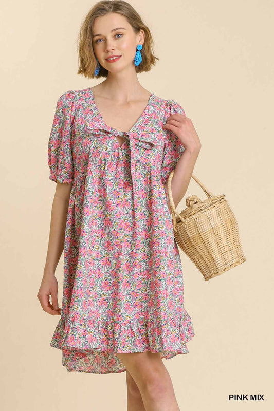 Umgee Mix Floral Print Short Puff Sleeves Front String Tie Ruffle Hem Dress - Roulhac Fashion Boutique