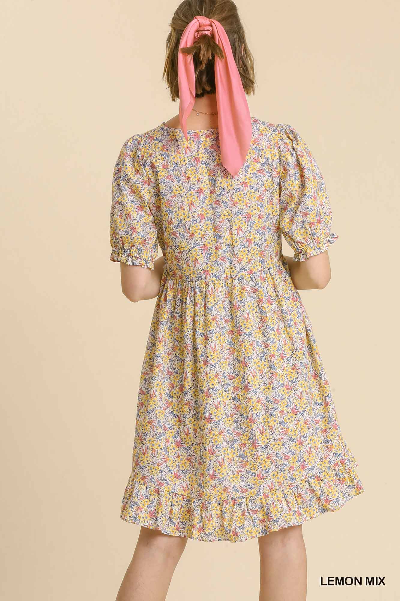 Umgee Mix Floral Print Short Puff Sleeves Front String Tie Ruffle Hem Dress - Roulhac Fashion Boutique