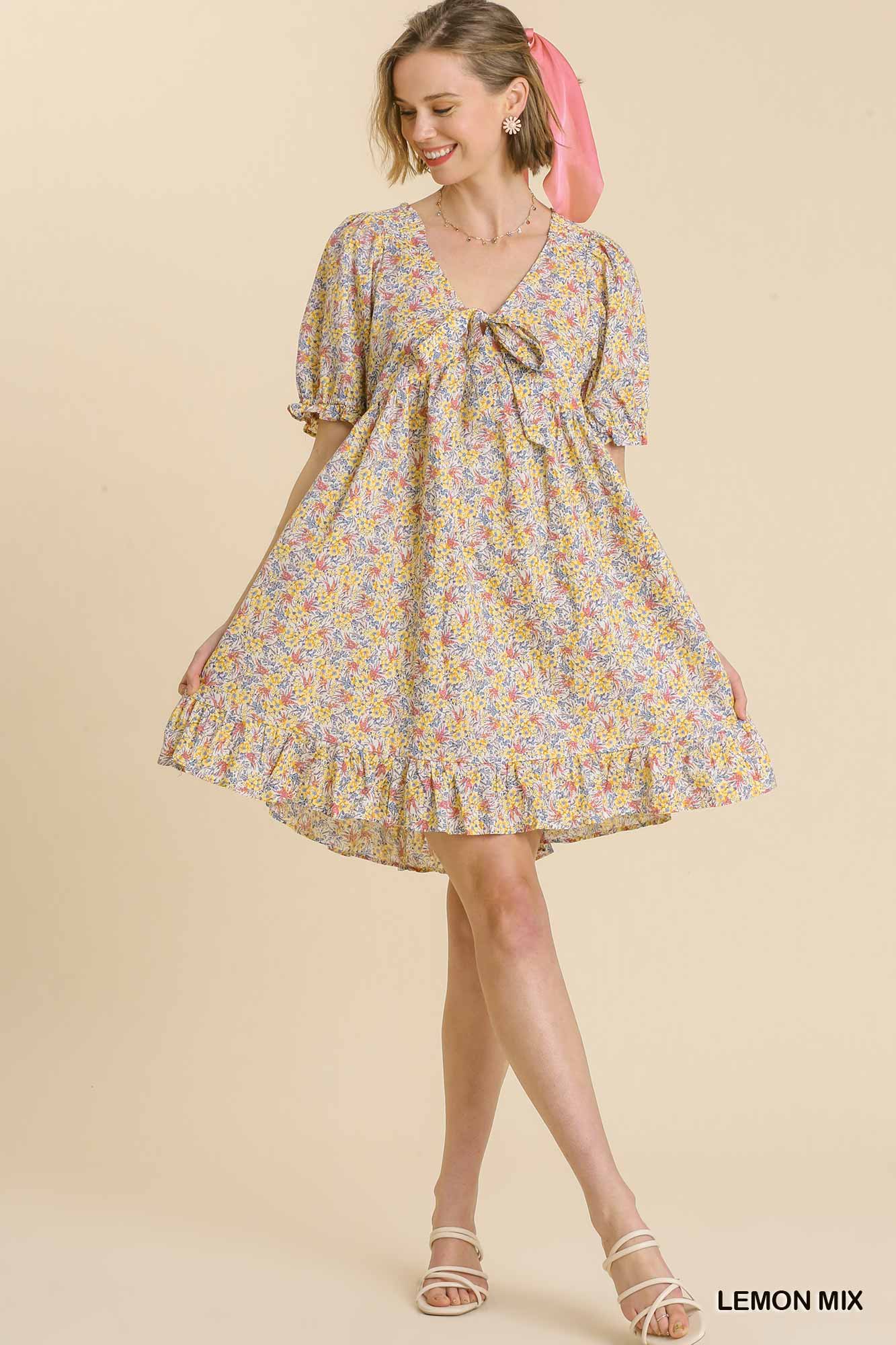 Umgee Mix Floral Print Short Puff Sleeves Front String Tie Ruffle Hem Dress - Roulhac Fashion Boutique