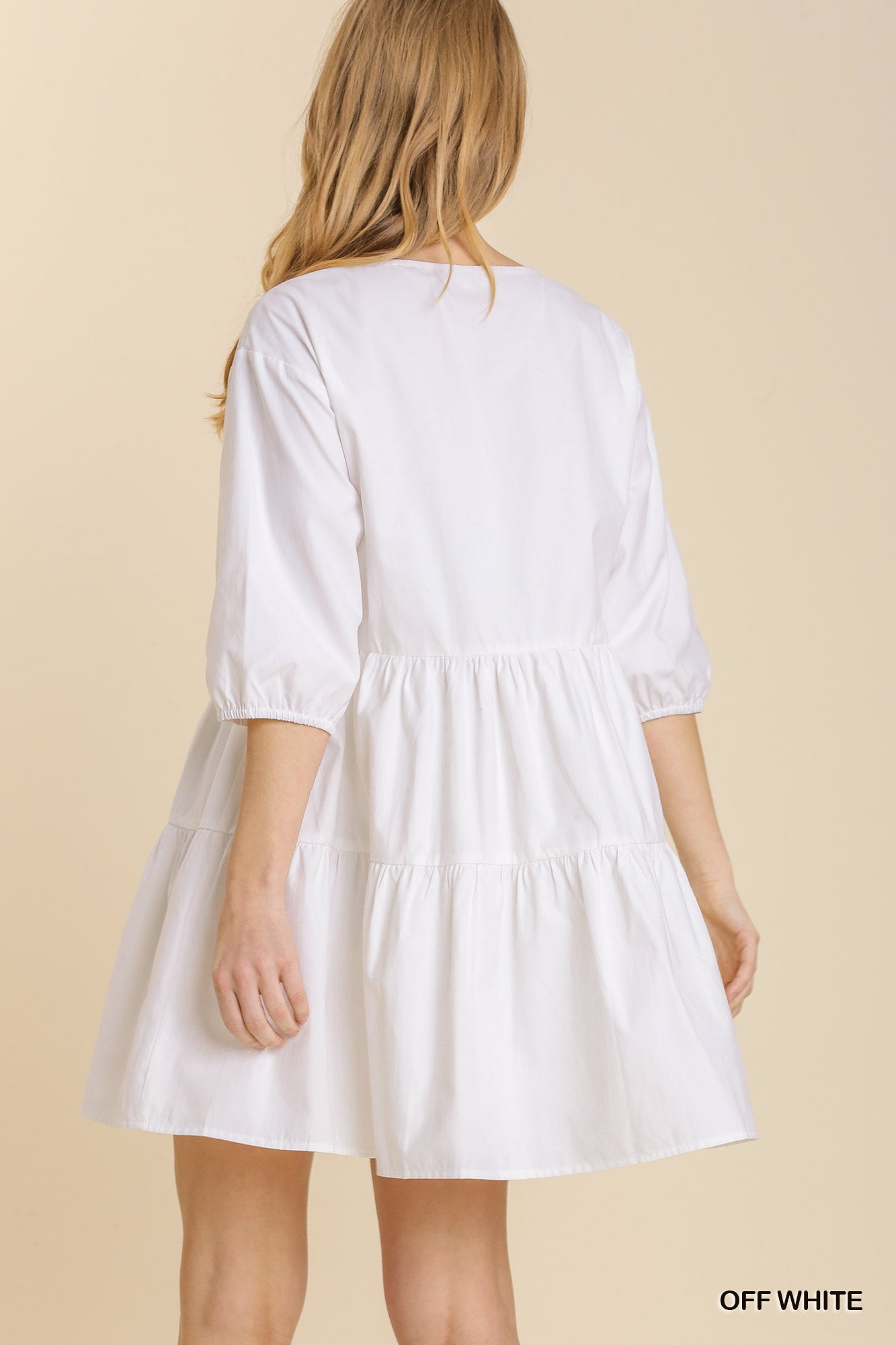 Umgee Chambray Half Button 3/4 Sleeve Tiered Shirt Dress with No Lining - Roulhac Fashion Boutique