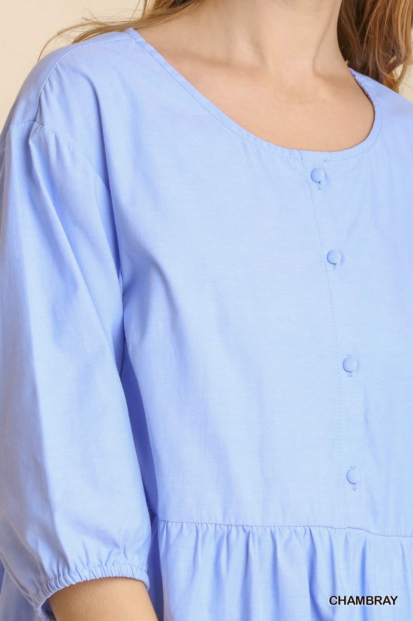 Umgee Chambray Half Button 3/4 Sleeve Tiered Shirt Dress with No Lining - Roulhac Fashion Boutique