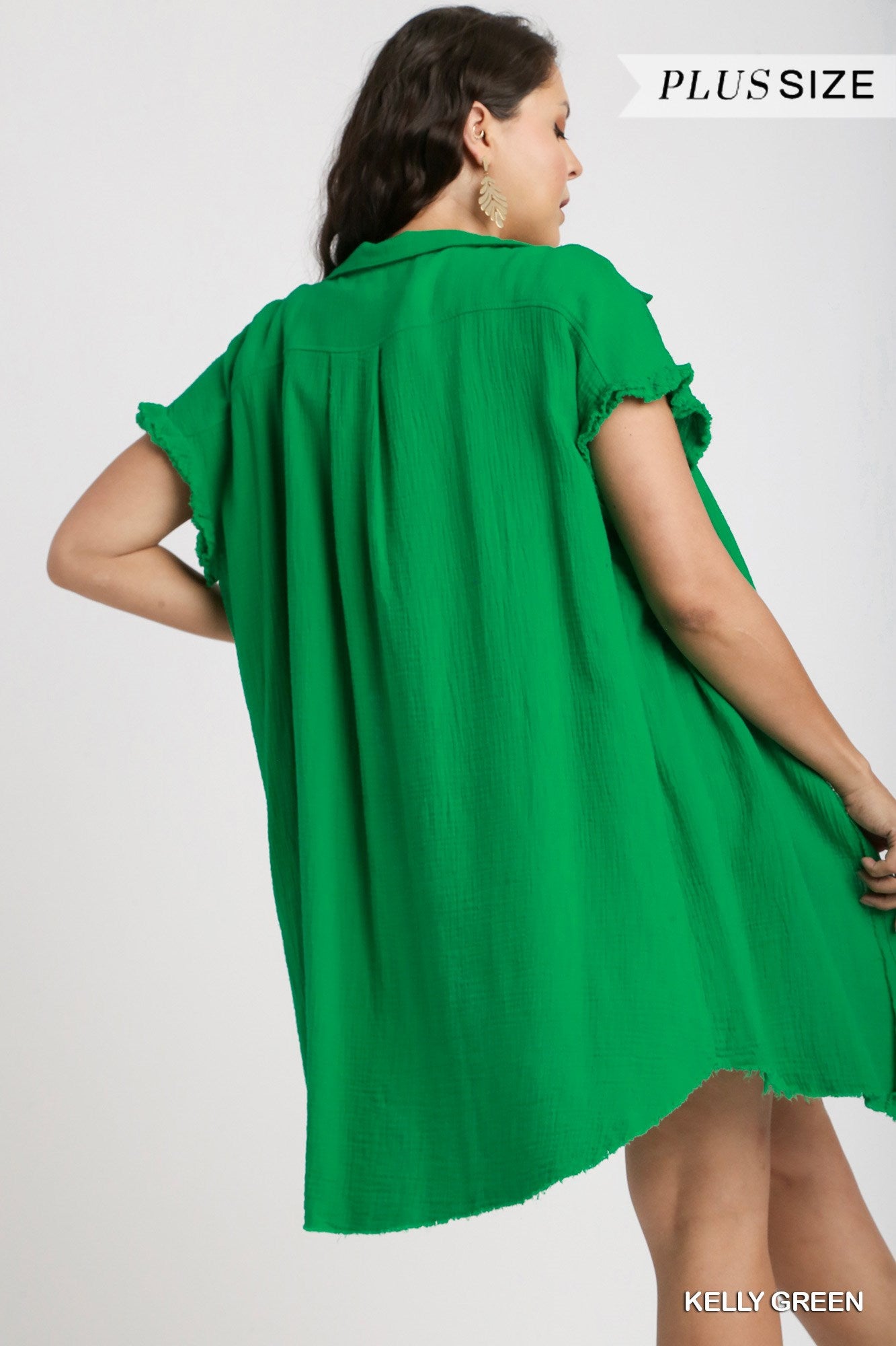 Umgee Plus Collar Button Down Short Sleeve Gauze Frayed Edge Shirt Dress