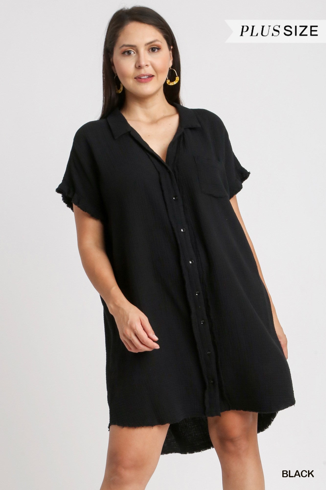 Umgee Plus Collar Button Down Short Sleeve Gauze Frayed Edge Shirt Dress