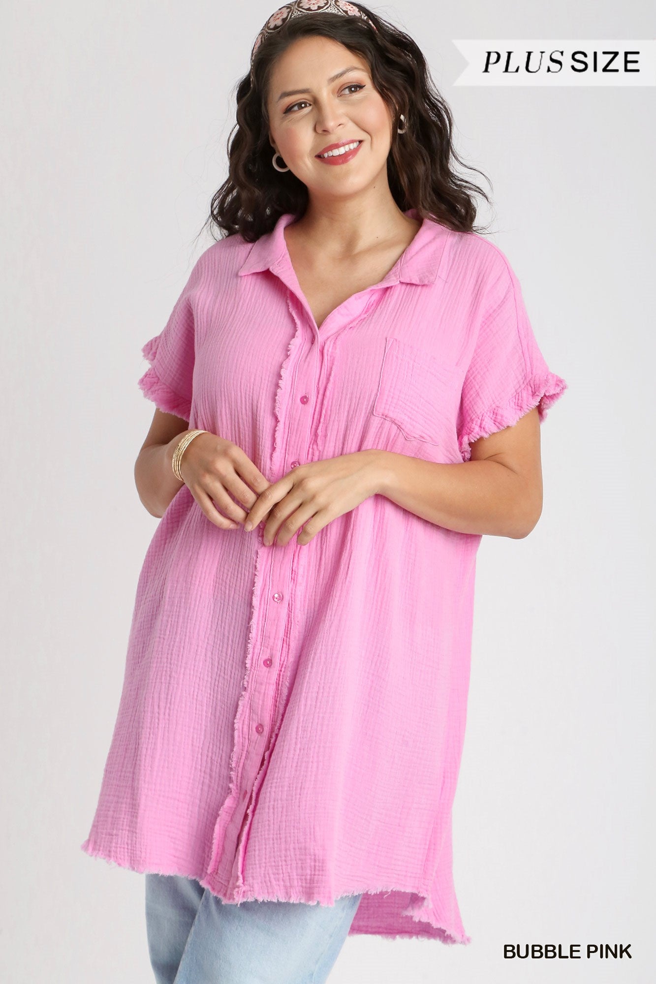Umgee Plus Collar Button Down Short Sleeve Gauze Frayed Edge Shirt Dress