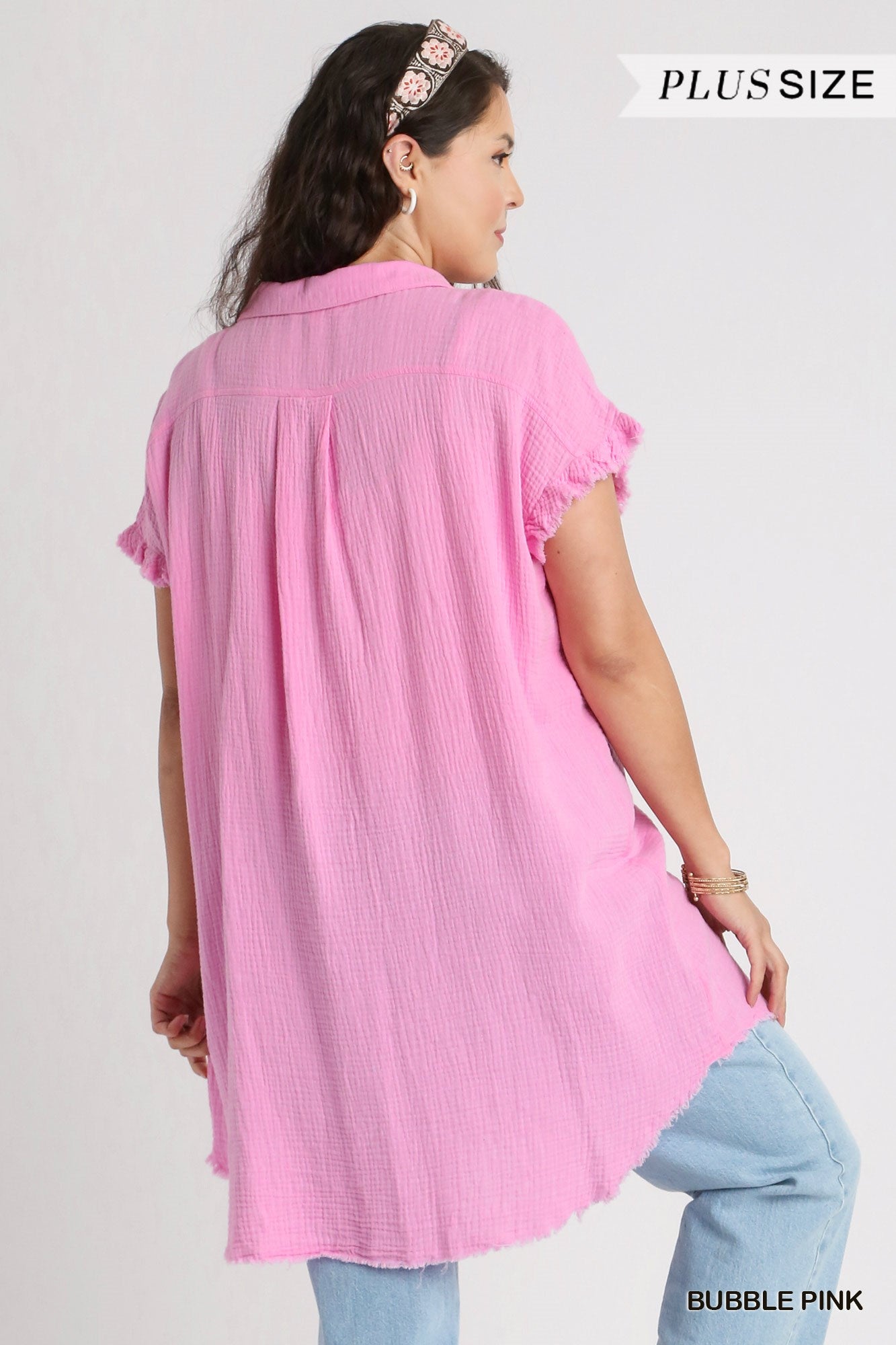 Umgee Plus Collar Button Down Short Sleeve Gauze Frayed Edge Shirt Dress