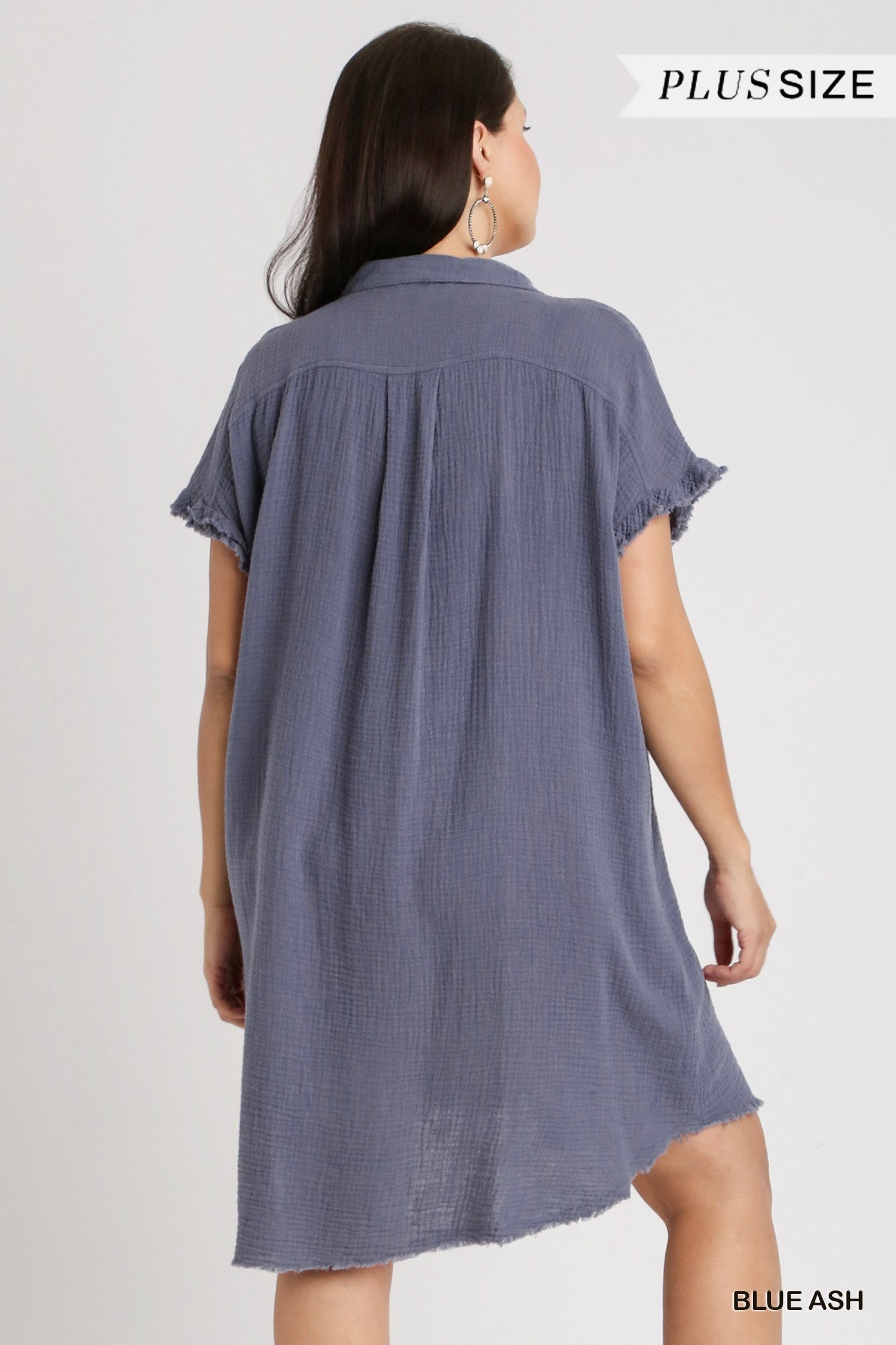 Umgee Plus Collar Button Down Short Sleeve Gauze Frayed Edge Shirt Dress