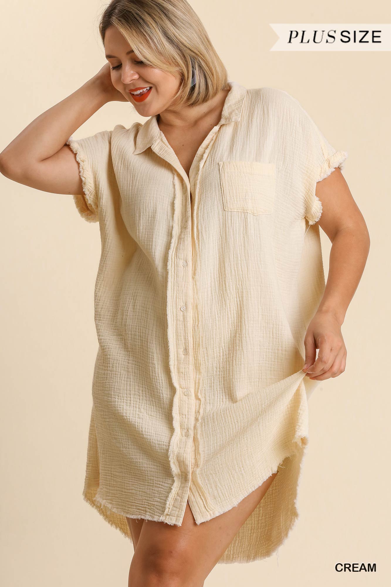 Umgee Plus Collar Button Down Short Sleeve Gauze Frayed Edge Shirt Dress