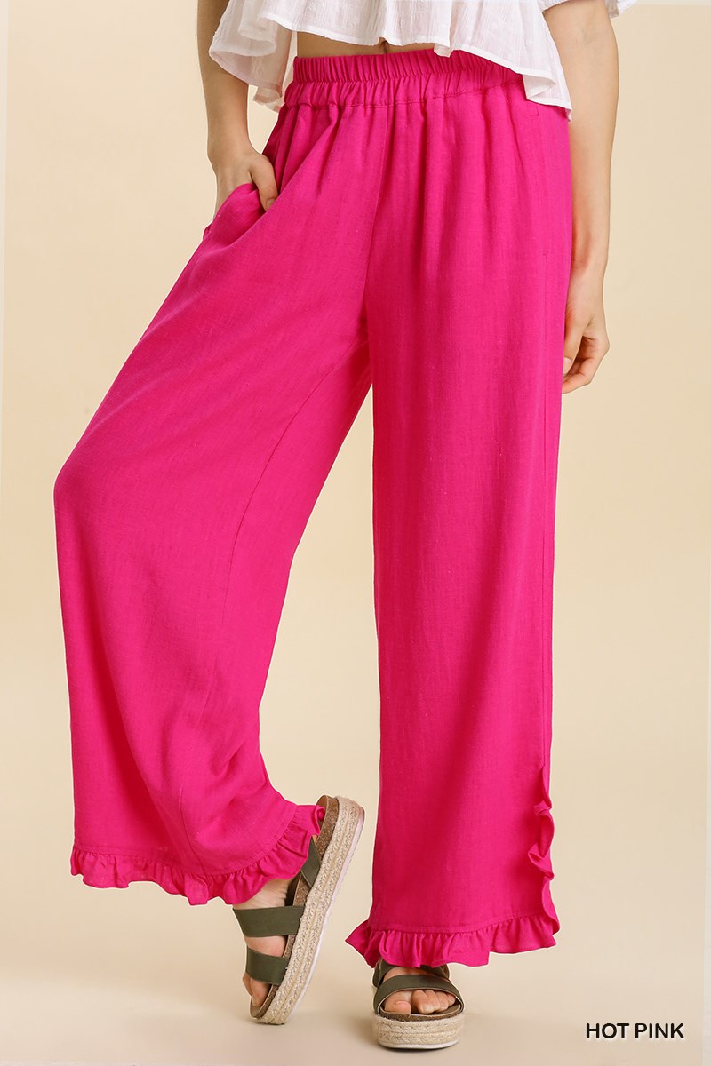 Umgee Linen Blend Elastic Waist Ruffle Hem Pockets Pants