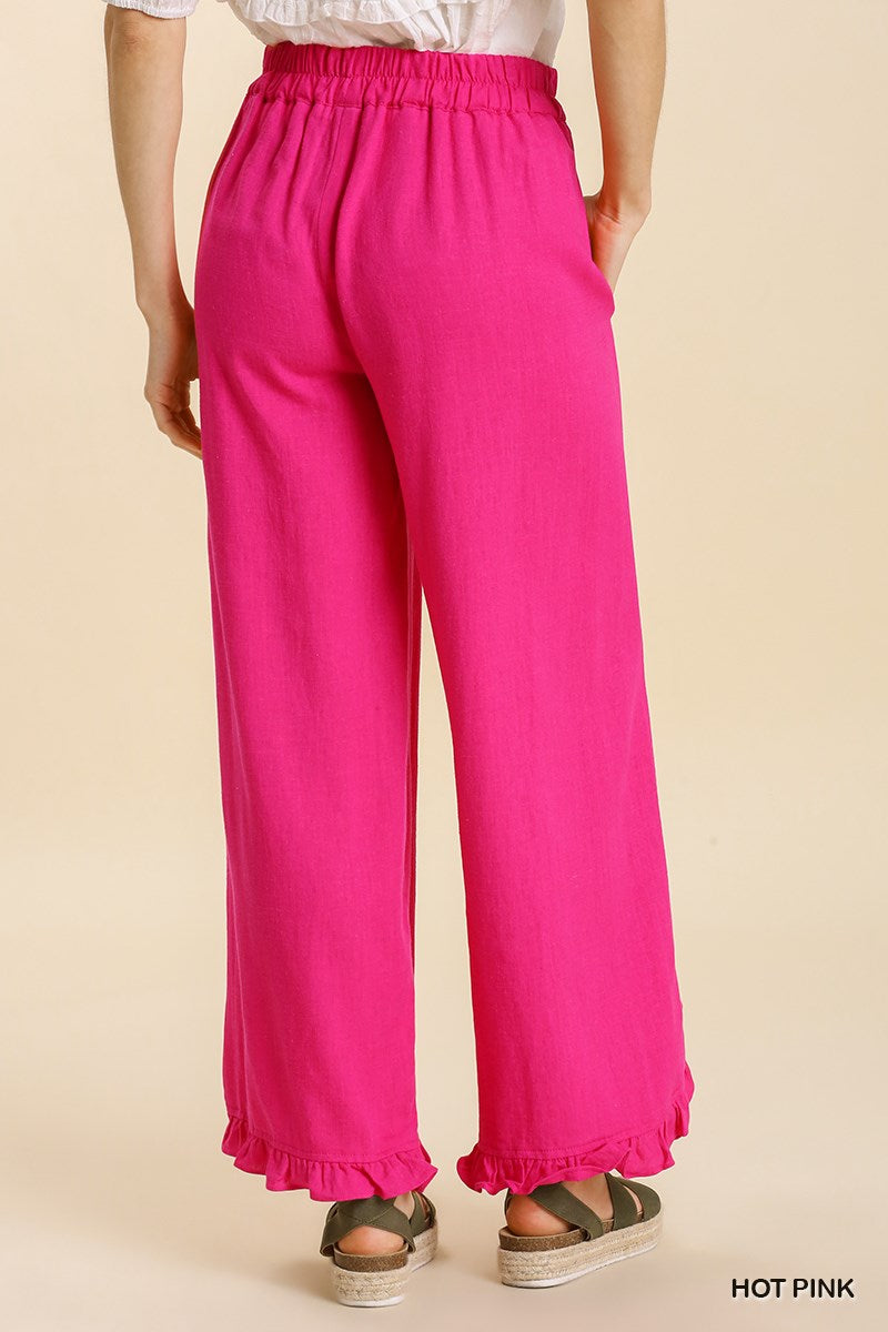Umgee Linen Blend Elastic Waist Ruffle Hem Pockets Pants