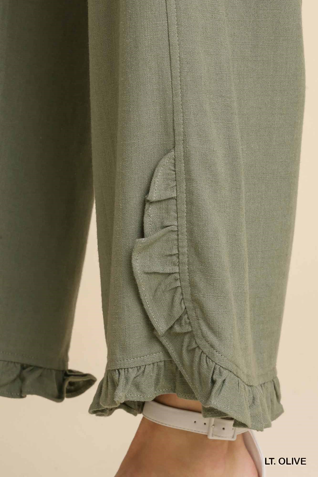 Umgee Linen Blend Elastic Waist Ruffle Hem Pockets Pants