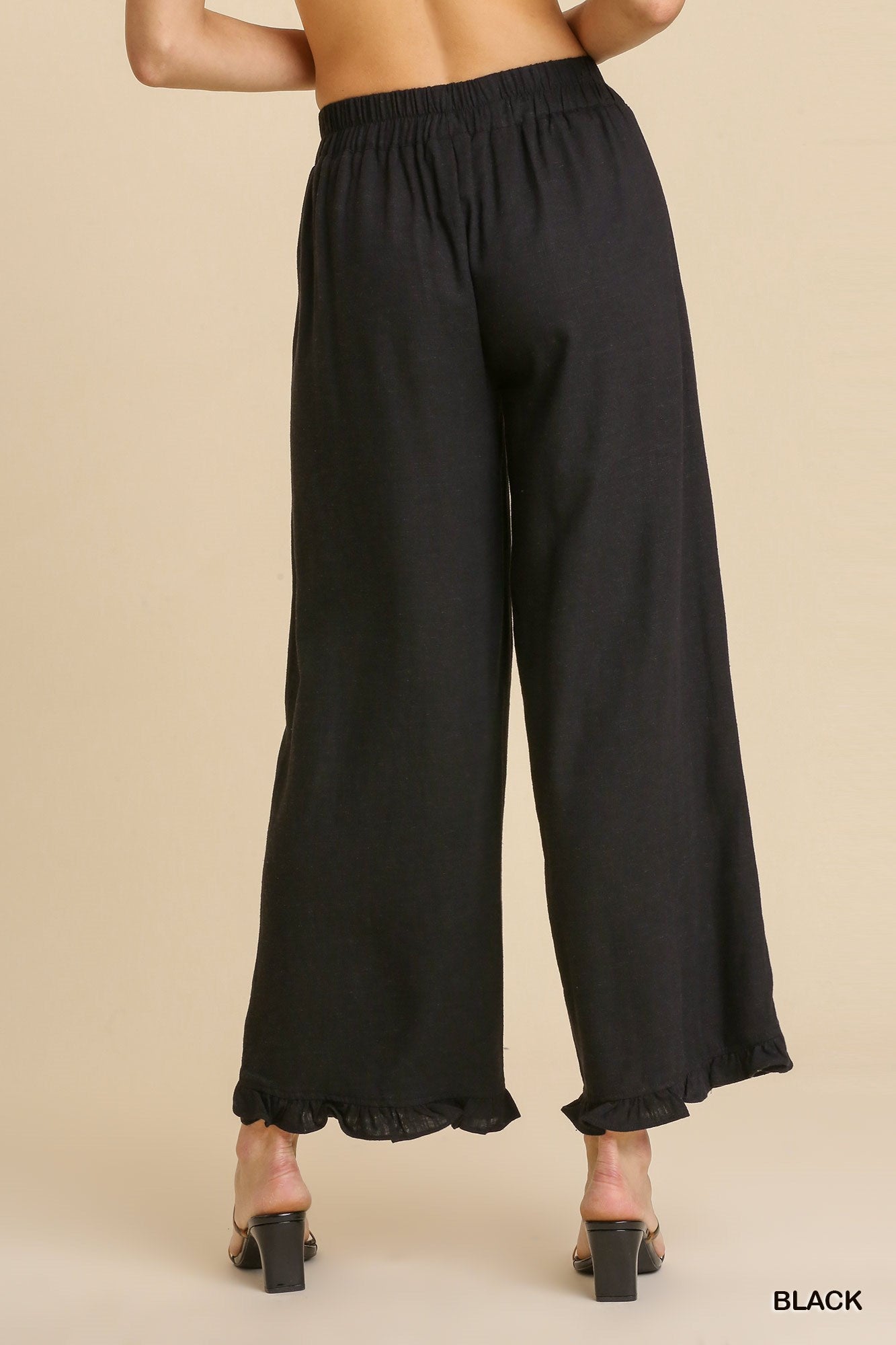 Umgee Linen Blend Elastic Waist Ruffle Hem Pockets Pants
