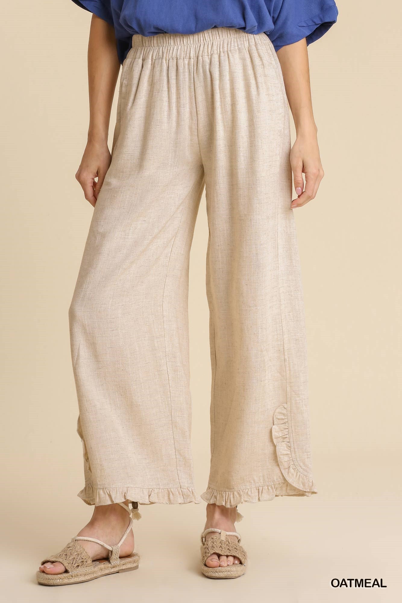Umgee Linen Blend Elastic Waist Ruffle Hem Pockets Pants