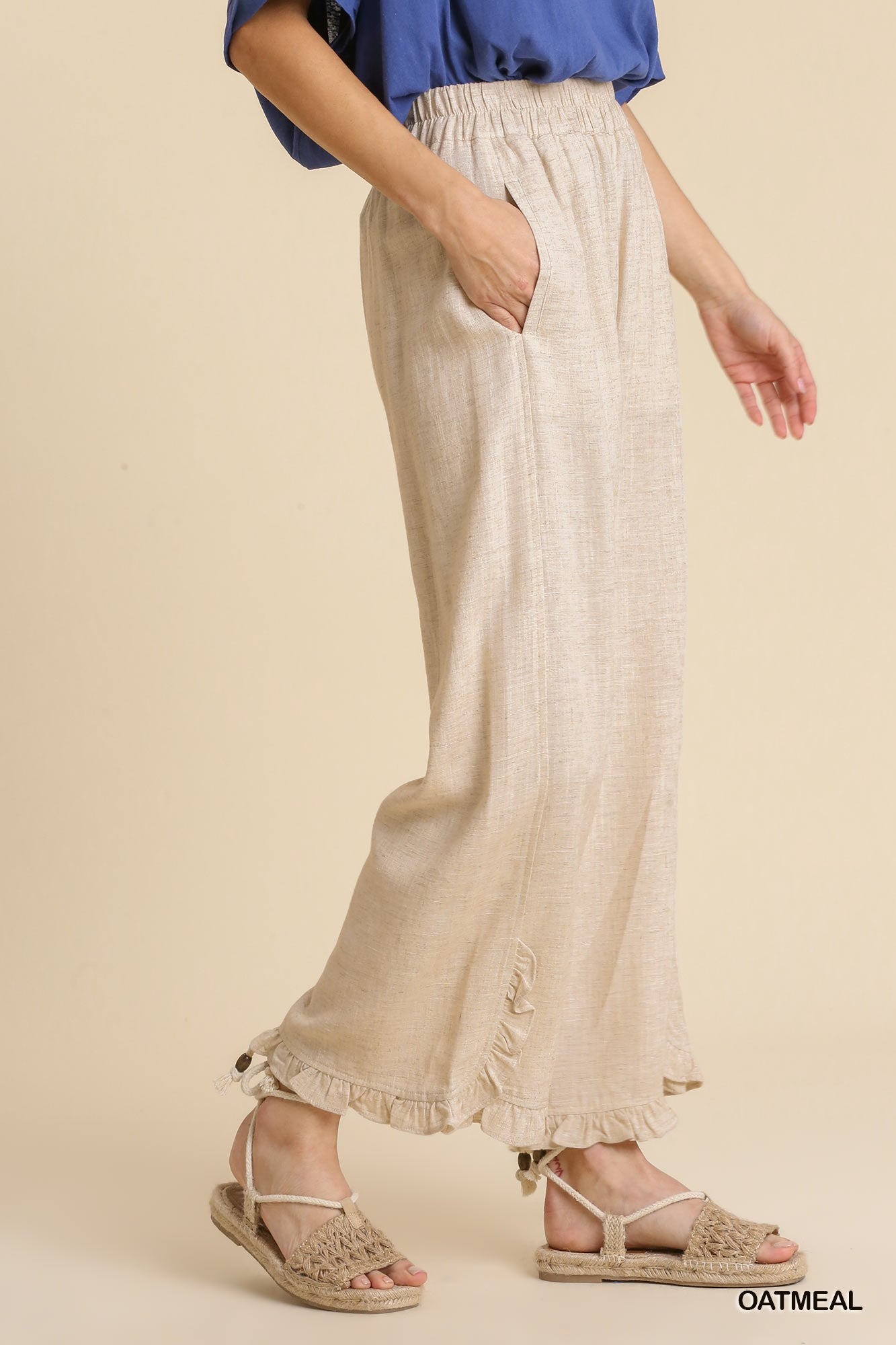 Umgee Linen Blend Elastic Waist Ruffle Hem Pockets Pants