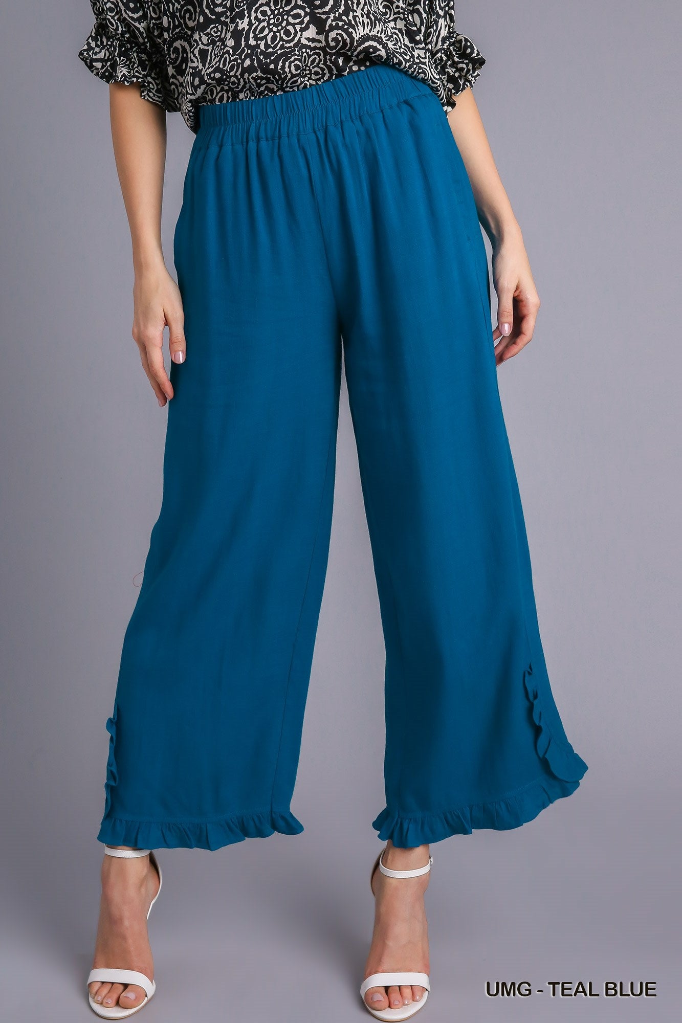 Umgee Linen Blend Elastic Waist Ruffle Hem Pockets Pants