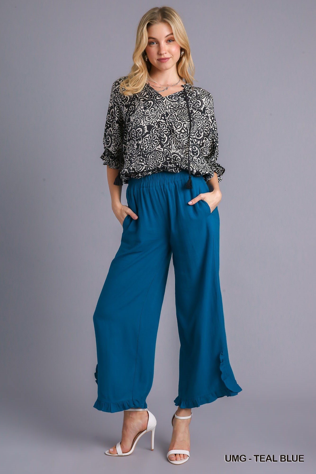 Umgee Linen Blend Elastic Waist Ruffle Hem Pockets Pants