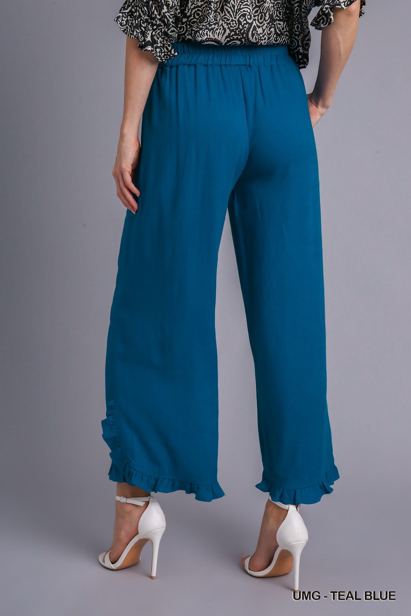 Umgee Linen Blend Elastic Waist Ruffle Hem Pockets Pants