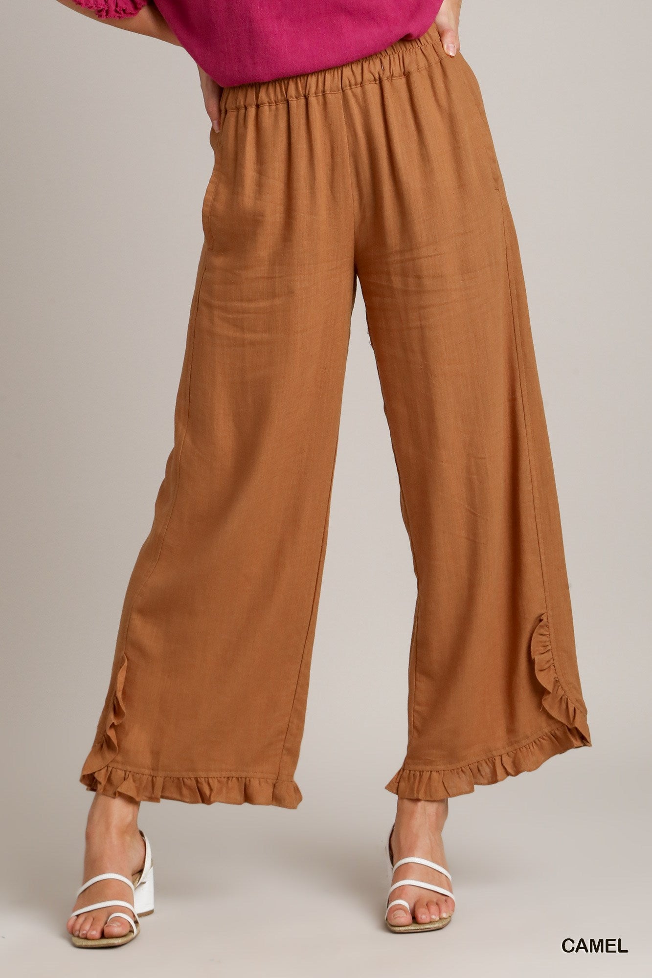 Umgee Linen Blend Elastic Waist Ruffle Hem Pockets Pants
