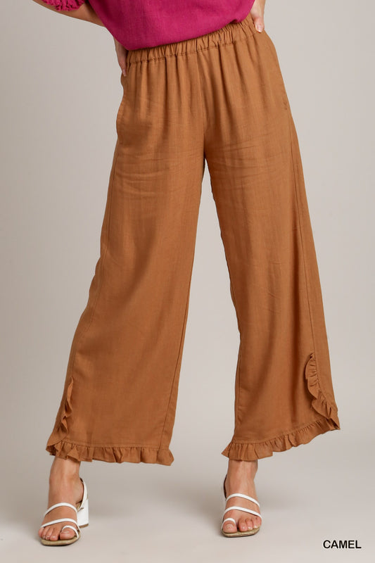 Umgee Linen Blend Elastic Waist Ruffle Hem Pockets Pants