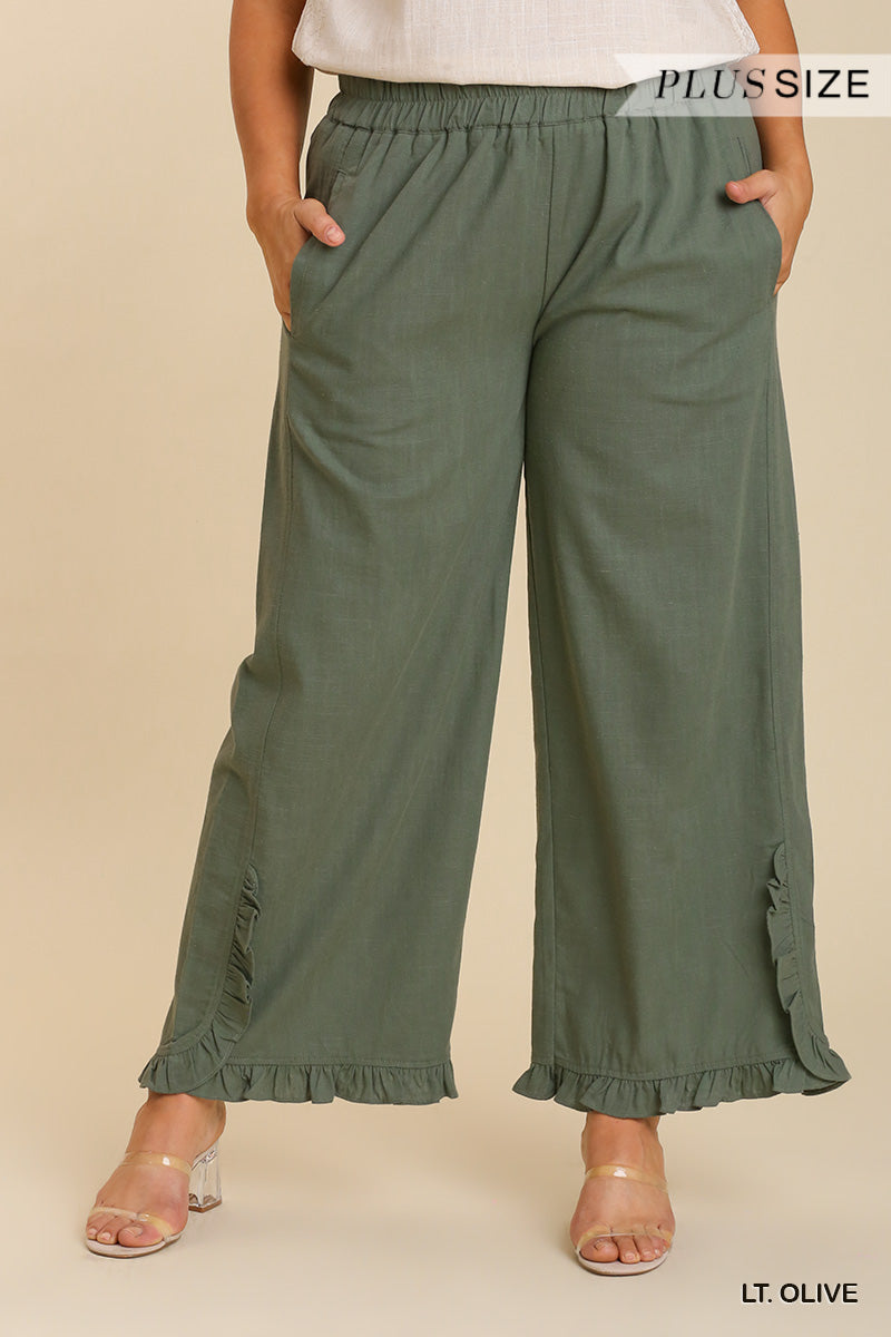 Umgee Plus Linen Blend Elastic Waist Ruffle Hem Pants