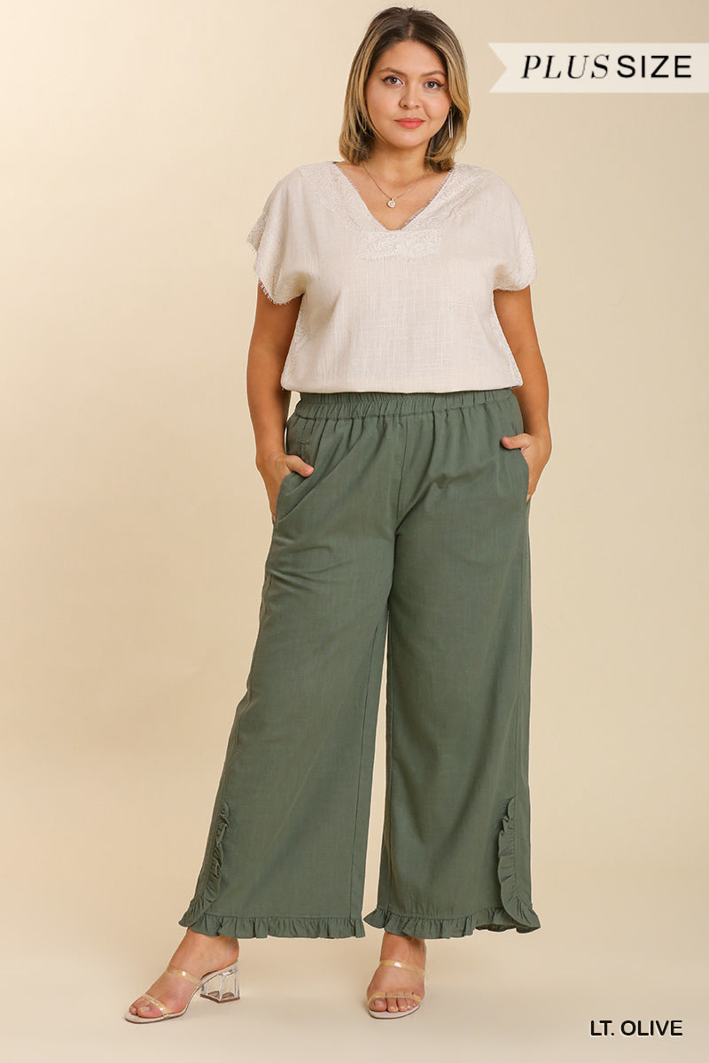 Umgee Plus Linen Blend Elastic Waist Ruffle Hem Pants