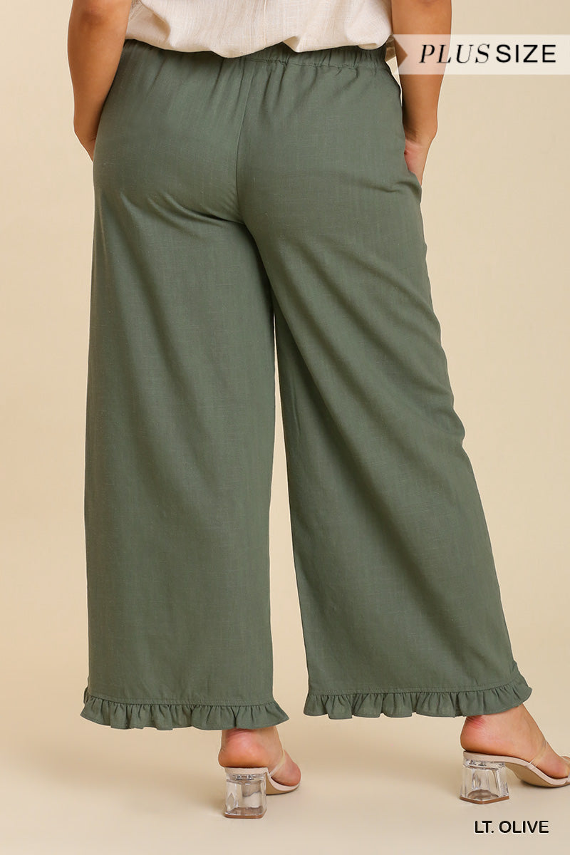 Umgee Plus Linen Blend Elastic Waist Ruffle Hem Pants