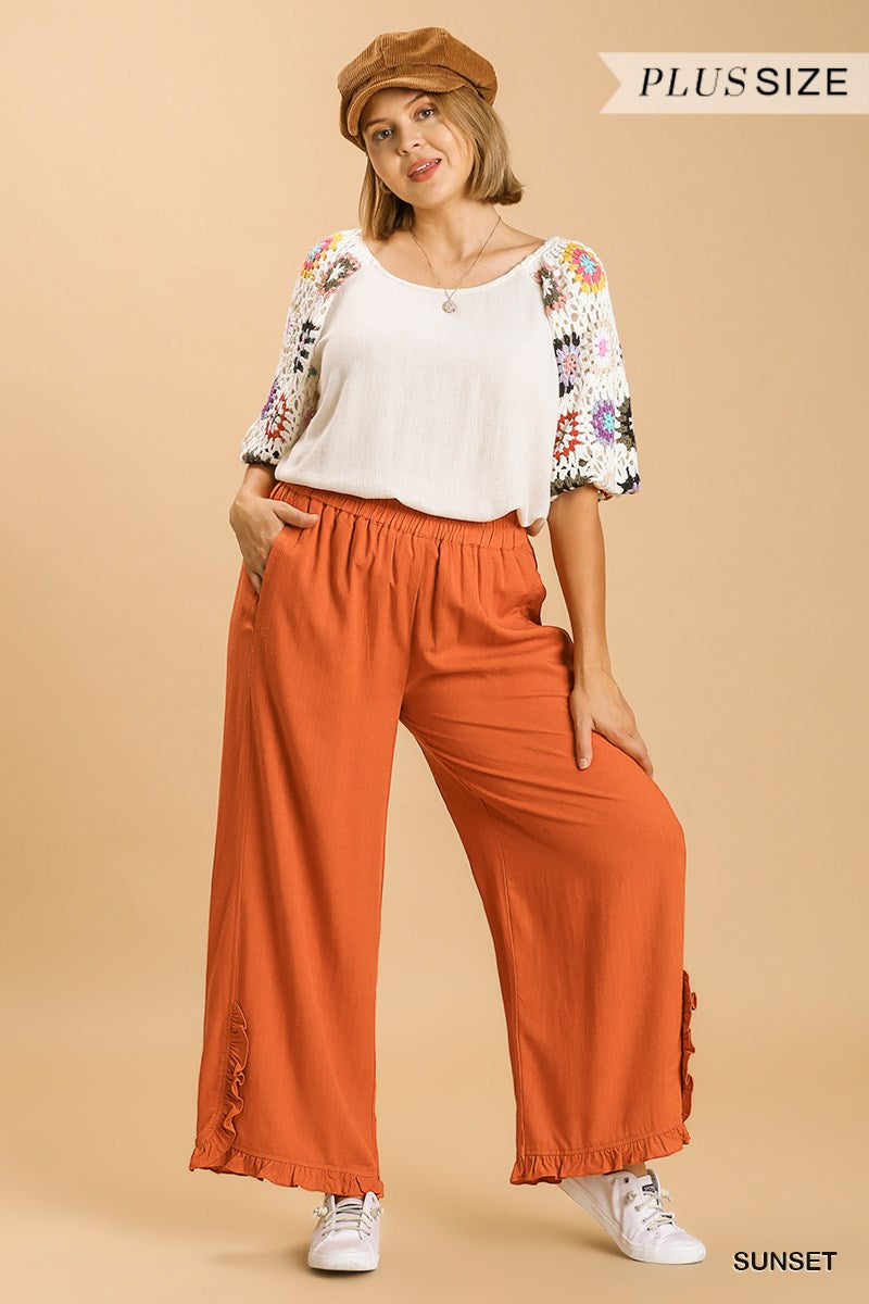 Umgee Plus Linen Blend Elastic Waist Ruffle Hem Pants
