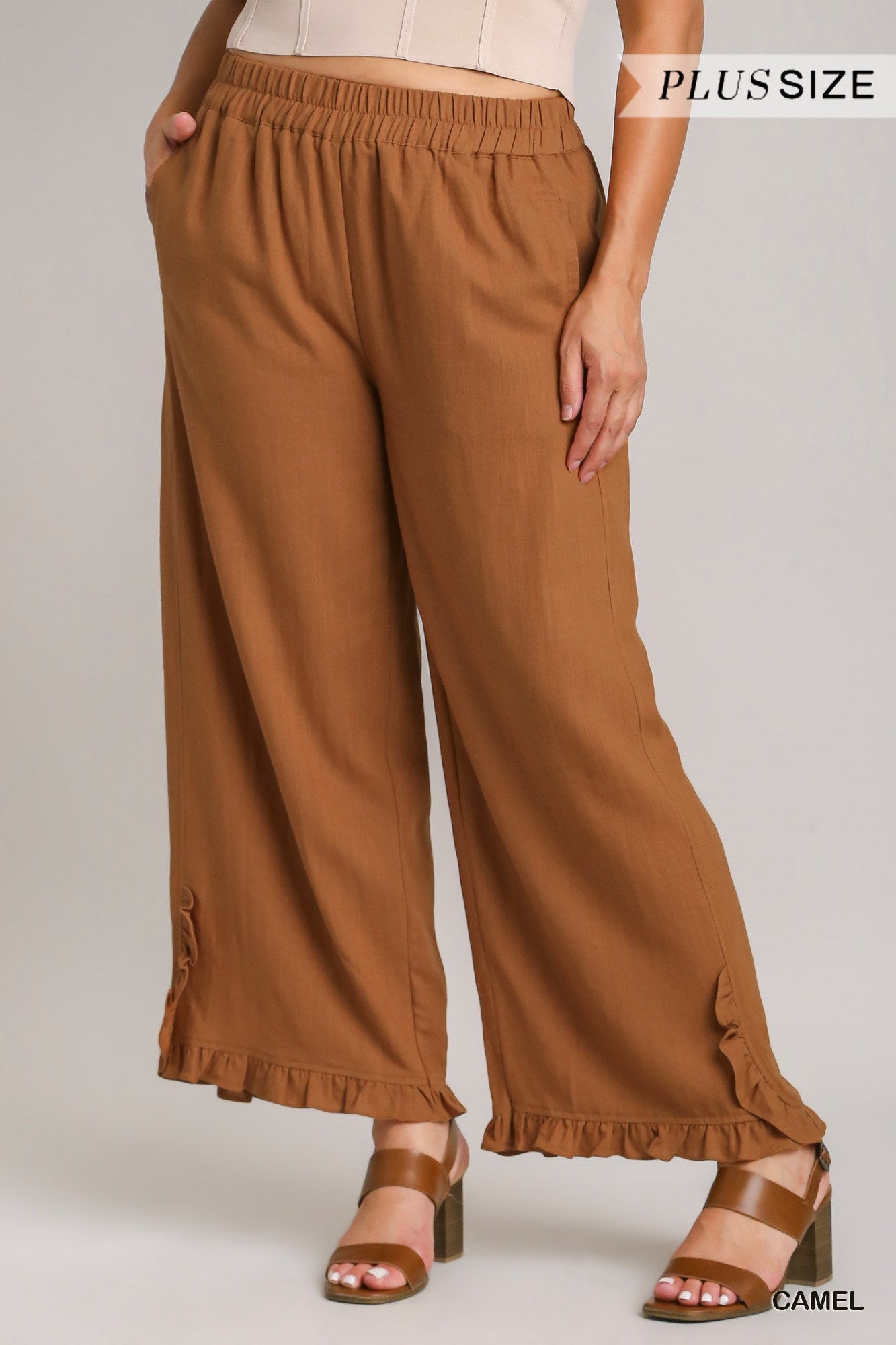 Umgee Plus Linen Blend Elastic Waist Ruffle Hem Pants