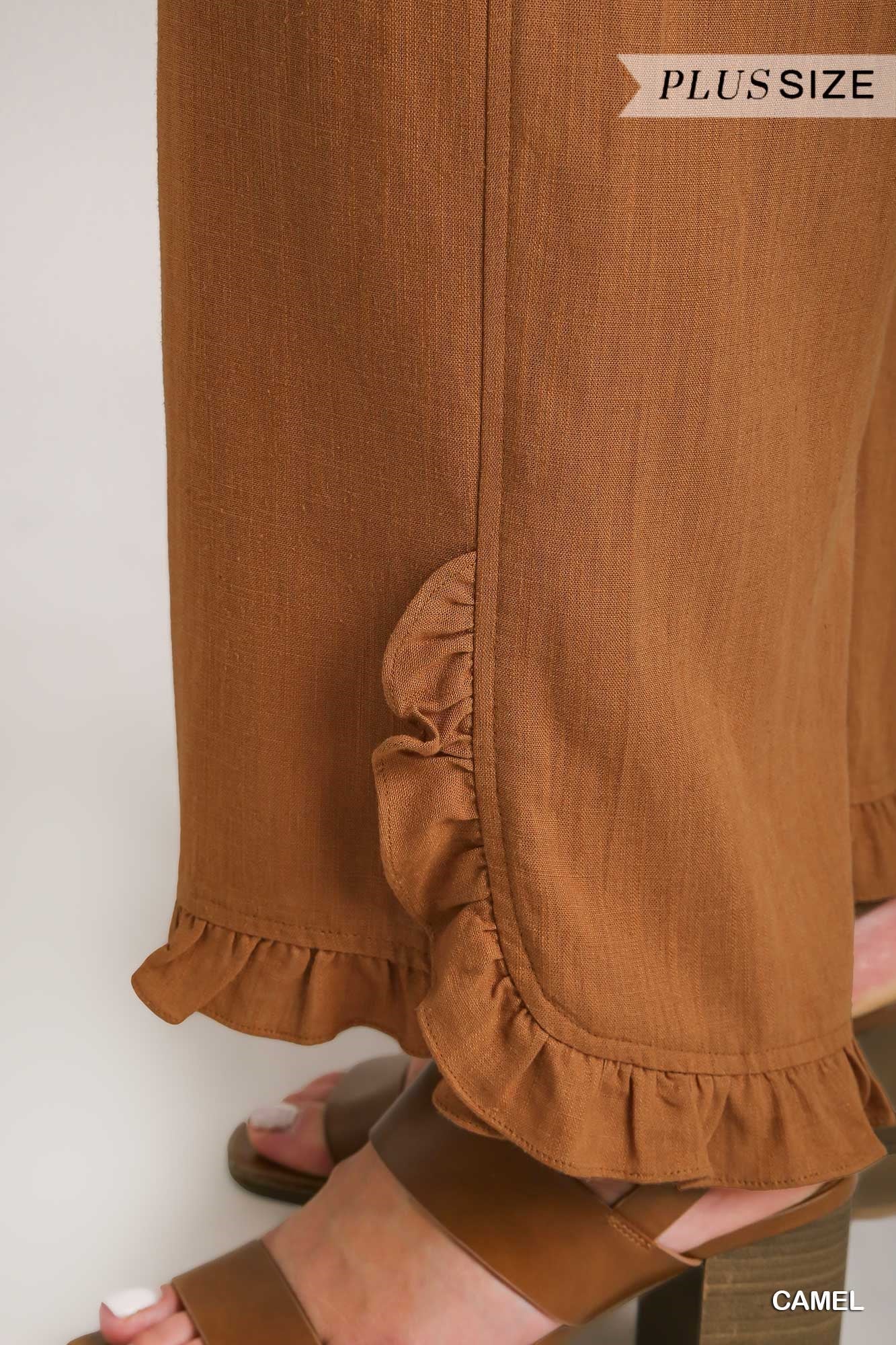 Umgee Plus Linen Blend Elastic Waist Ruffle Hem Pants