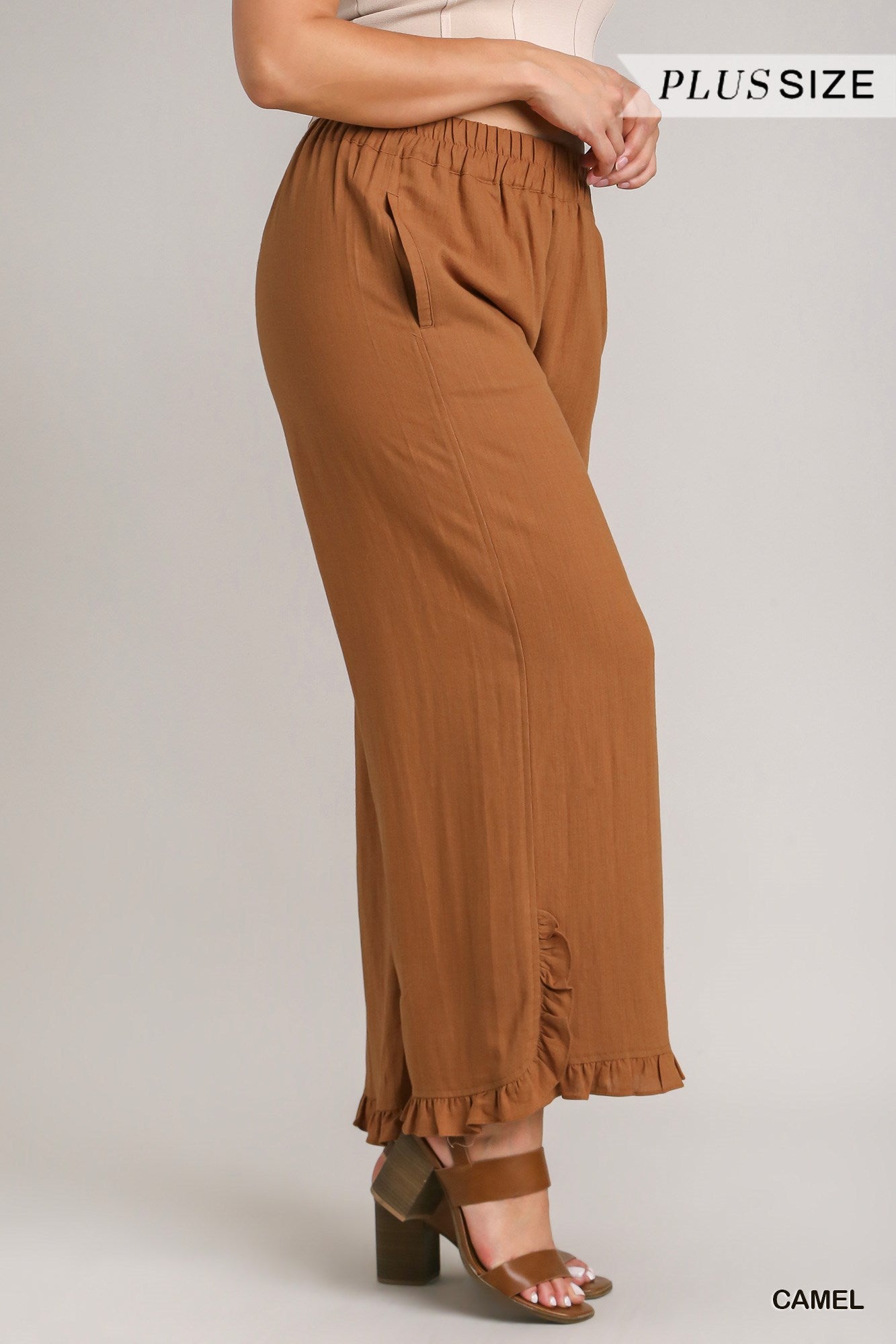 Umgee Plus Linen Blend Elastic Waist Ruffle Hem Pants