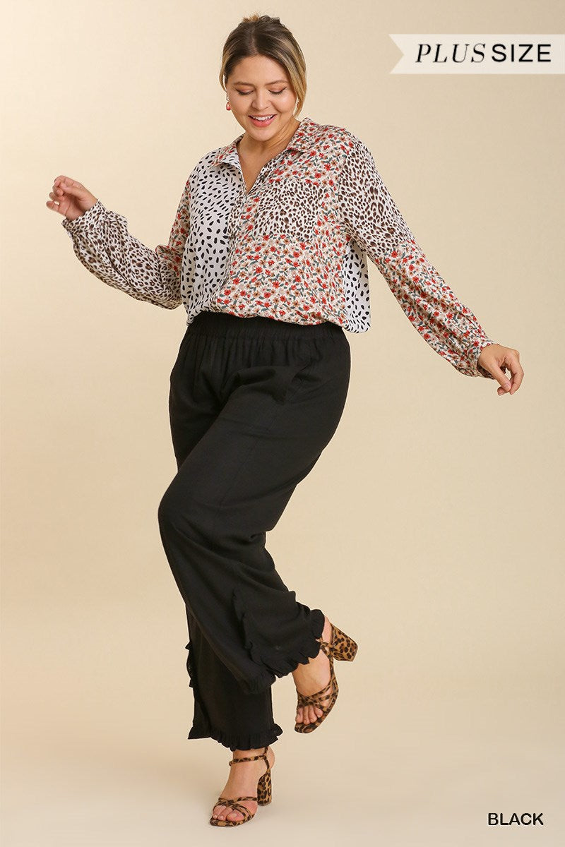 Umgee Plus Linen Blend Elastic Waist Ruffle Hem Pants